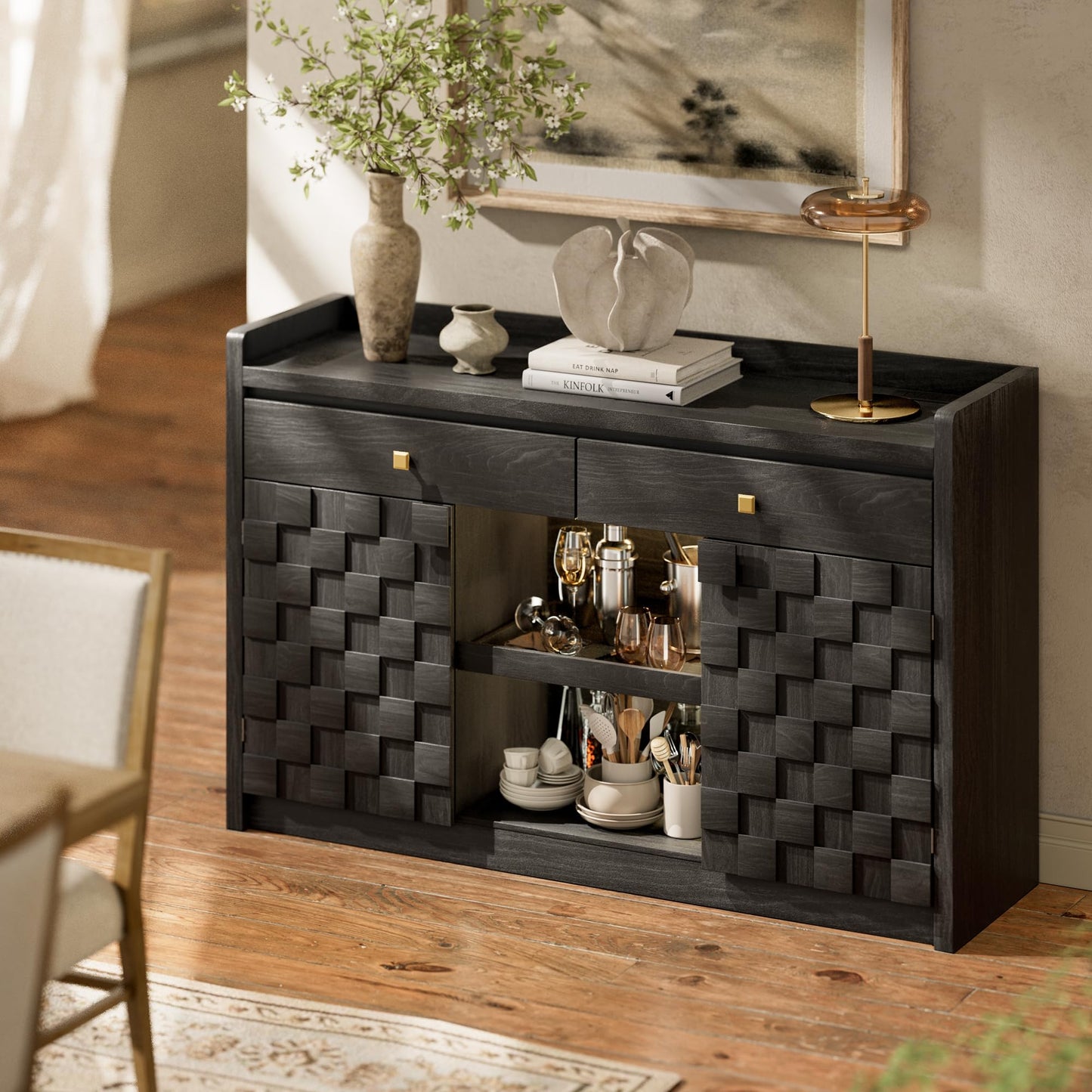 55" Fluted Sideboard Buffet Cabinet with Charging Station and LED Light, 2 Drawers, Pull-Out Shelf, and Spice Rack, Modern Kitchen Storage, Black Oak