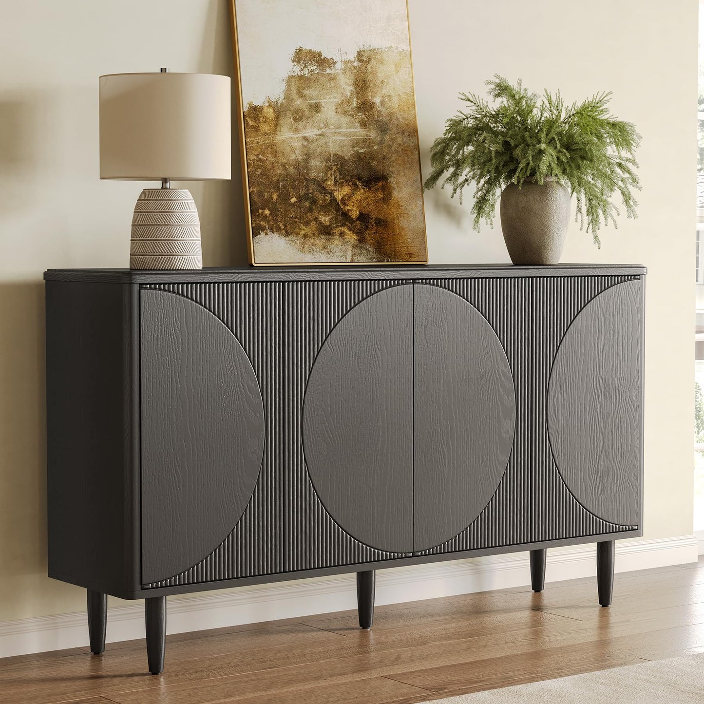 **LITTLE TREE 59" Buffet Cabinet Sideboard with Storage, Modern Sideboard Buffet Table with Doors for Living Room and Dining Room, Black**