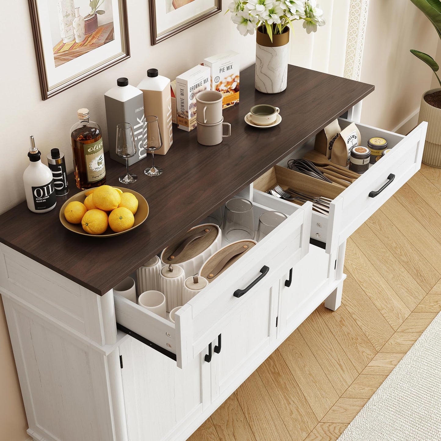48" Farmhouse Buffet Sideboard Cabinet with 2 Drawers and 3 Doors, Wood Coffee Bar Cabinet with Adjustable Shelves for Kitchen or Living Room, Off White
