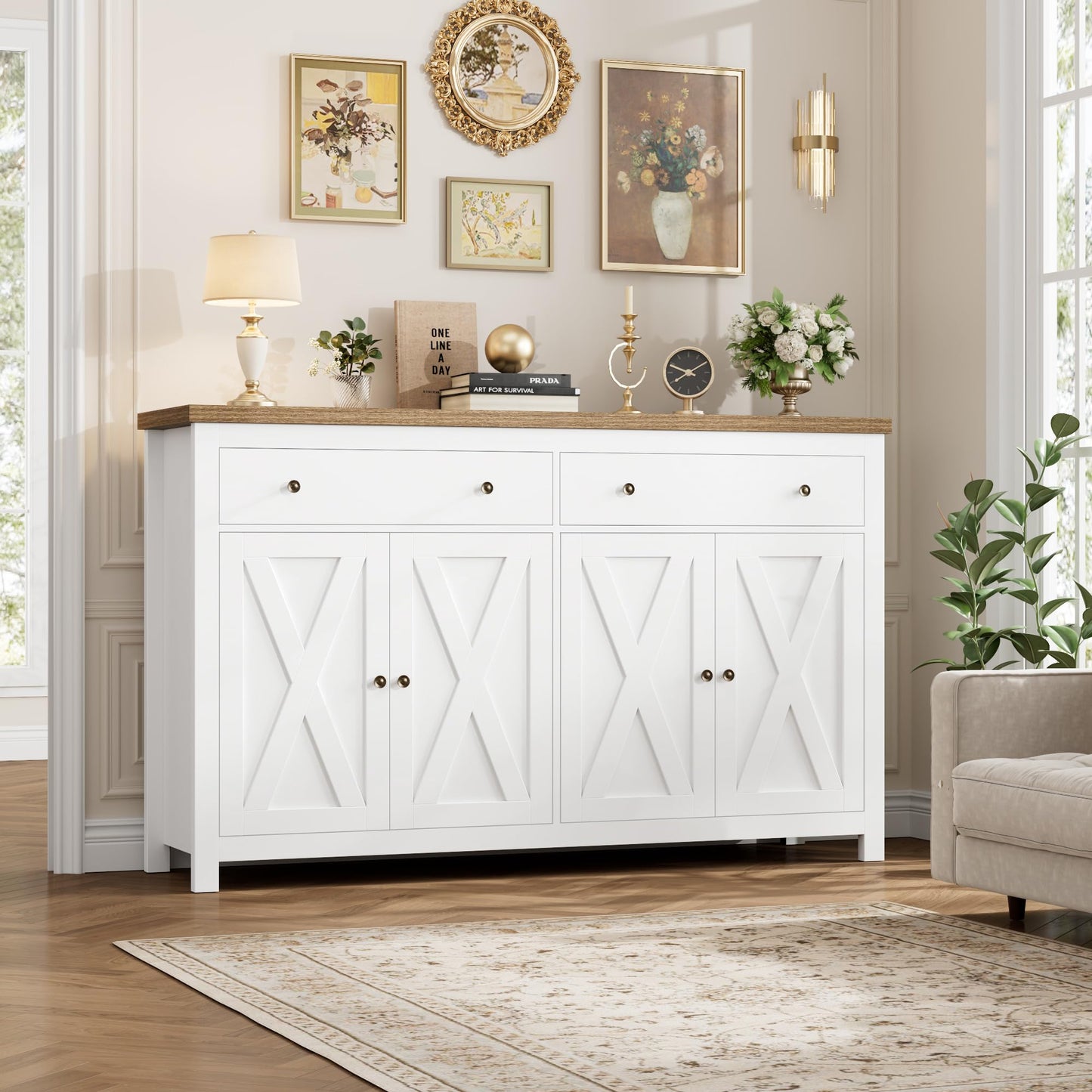 55" Large Sideboard Buffet Cabinet with 2 Drawers and 4 Doors, Wood Storage Buffet Table for Kitchen or Dining Room, White