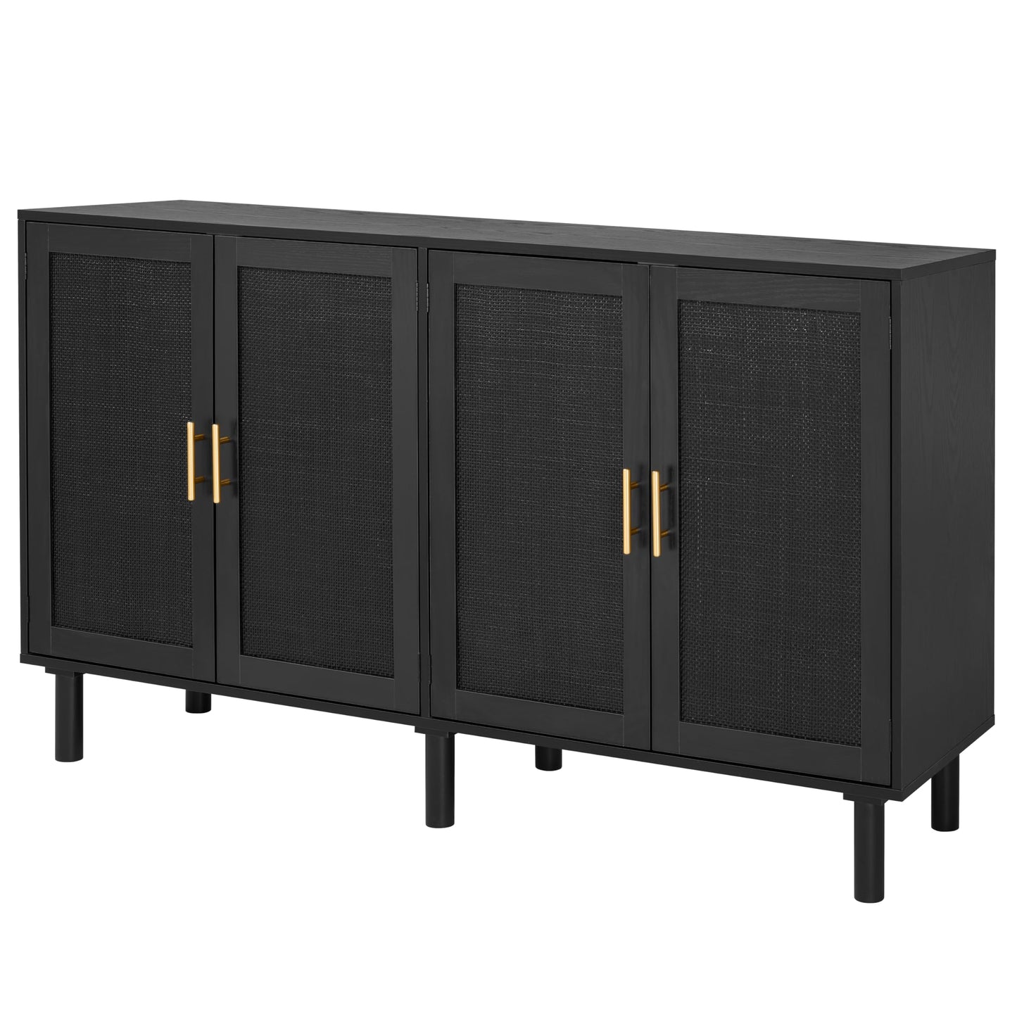 4-Door Sideboard Buffet Cabinet with Black Painted Rattan Doors, Boho Kitchen Storage Console Table and Liquor Cabinet, 62.3" x 15.7" x 34.6", Full Black