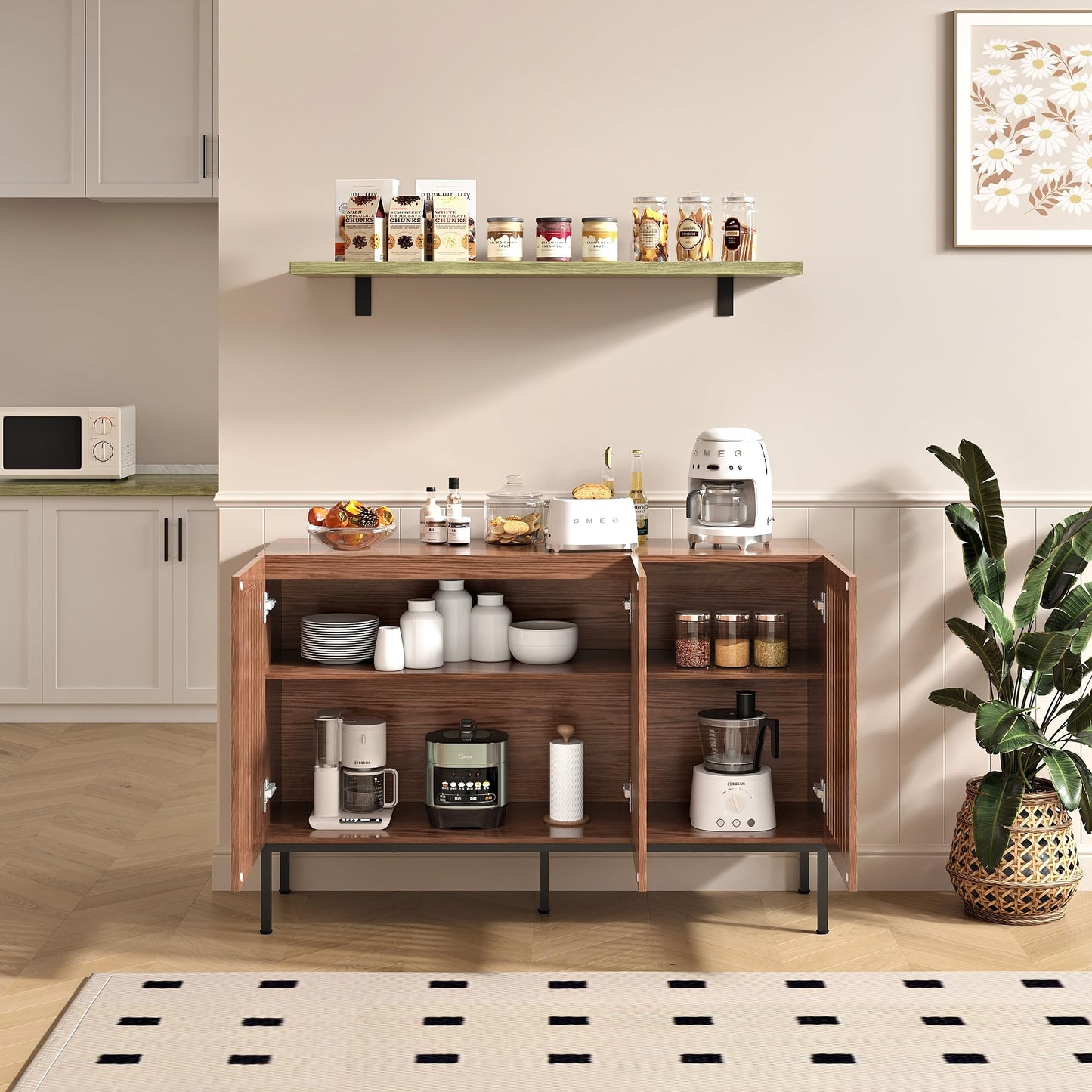 **47" Buffet Cabinet, Modern Credenza Storage Cabinet with Adjustable Shelves and Metal Base, Wood Multifunctional Console Table for Kitchen, Living Room, and Entryway, Brown**