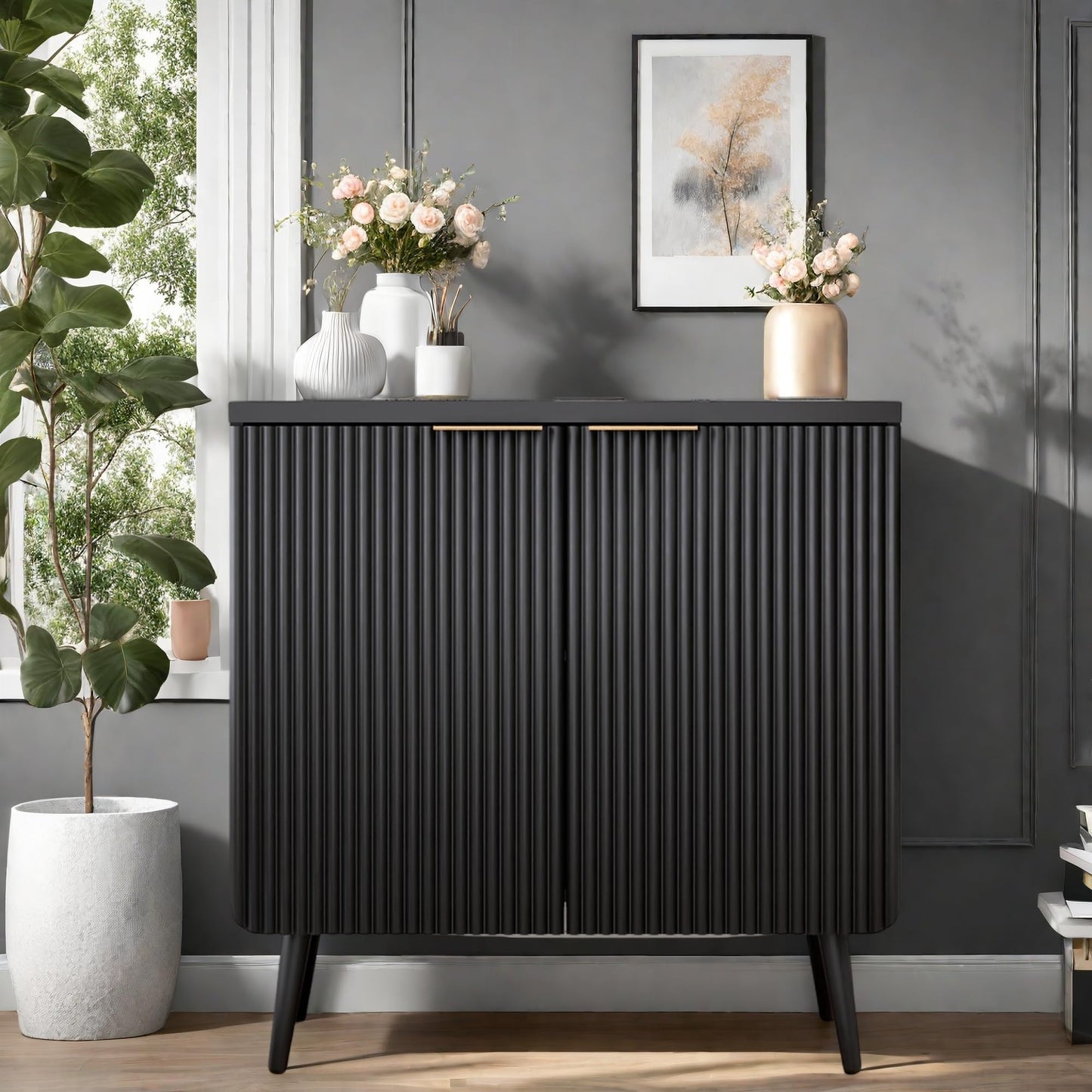 Fluted Buffet Cabinet with Doors and Shelves, Modern Wood Sideboard Coffee Bar Storage for Kitchen, Dining, and Living Room, Black