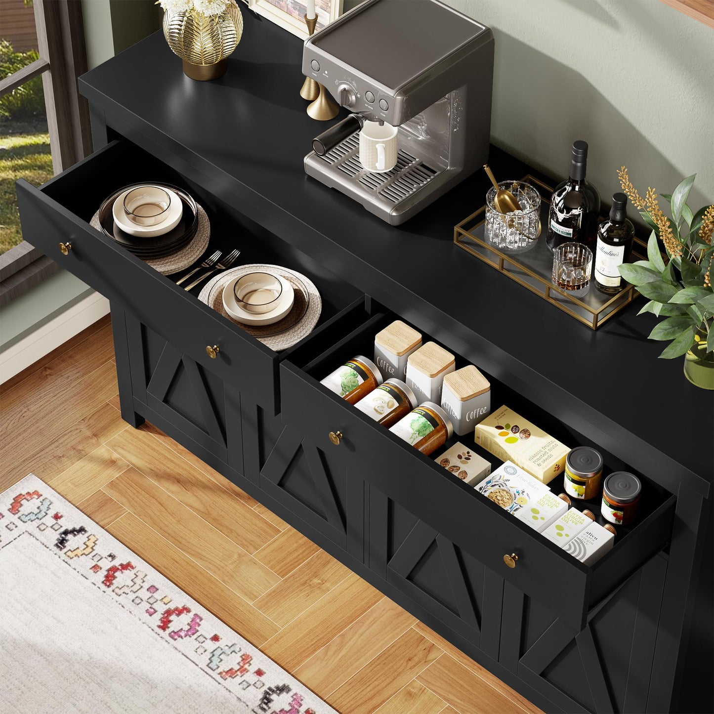 55" Large Sideboard Buffet Cabinet with 2 Drawers and 4 Doors, Wood Storage Buffet Table for Kitchen or Dining Room, Black