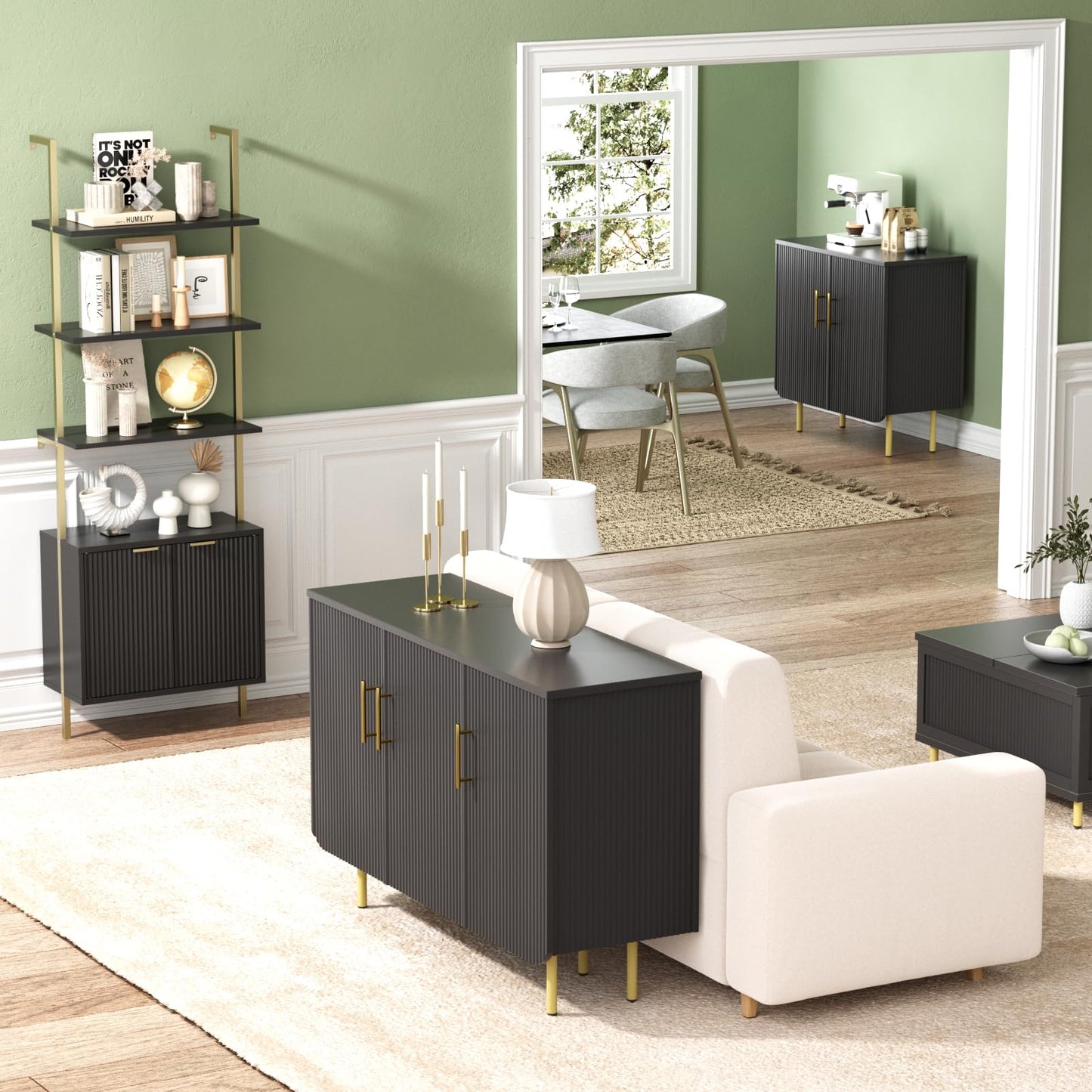 Buffet Cabinet with 2 Doors and Adjustable Shelf, Fluted Modern Sideboard Accent Cabinet for Living Room, Black