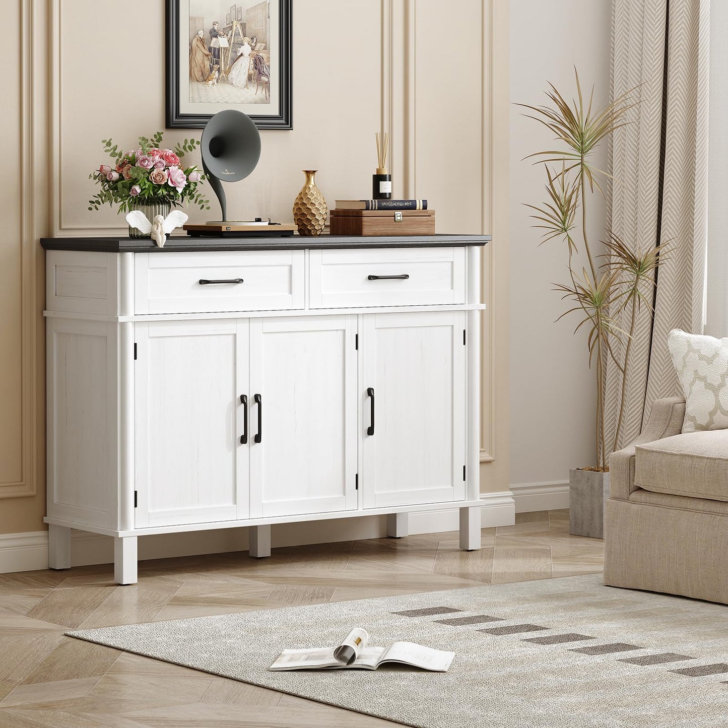 48" Farmhouse Buffet Sideboard Cabinet with 2 Drawers and 3 Doors, Wood Coffee Bar Cabinet with Adjustable Shelves for Kitchen or Living Room, Off White & Black