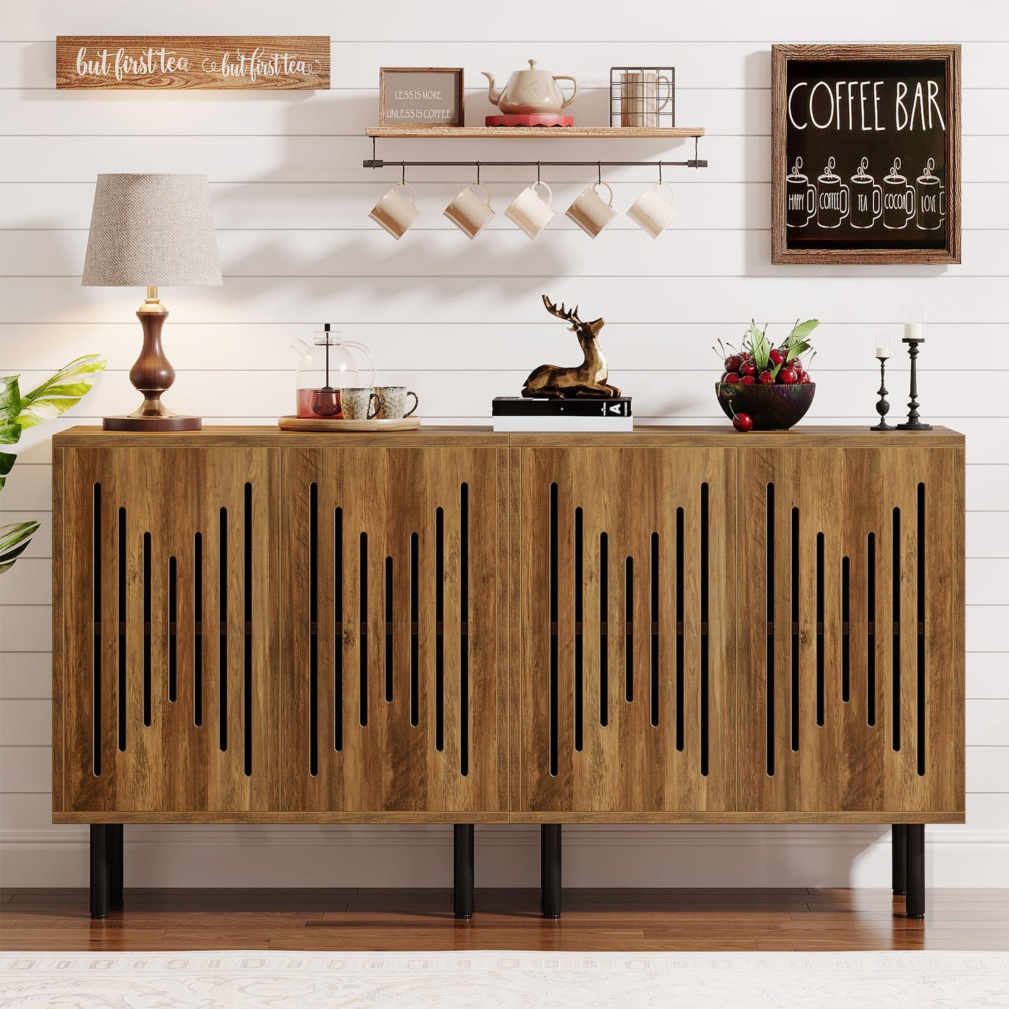 Tribesigns Set of 2 Buffet Sideboard Cabinets with Storage, 59" Long Sideboards with Adjustable Shelves, Modern Accent Storage Cabinets for Living Room, Rustic Brown
