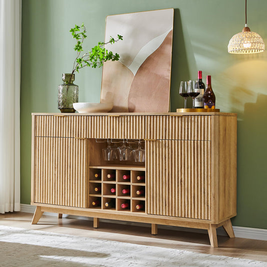 60" Fluted Buffet Cabinet with 3 Drawers and 2 Doors, Modern Wine and Coffee Bar Sideboard with Wine and Glass Racks, Adjustable Shelves for Kitchen or Dining, Natural Oak