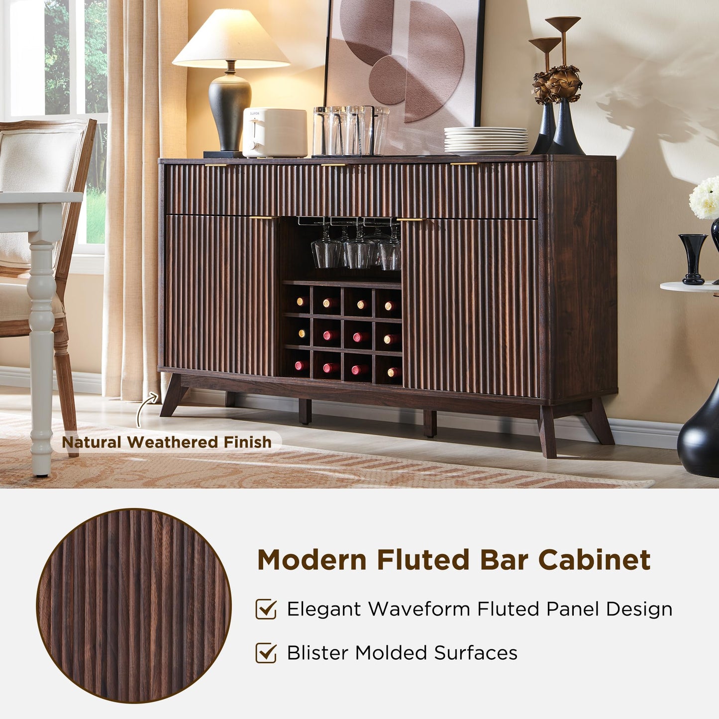 60" Fluted Buffet Cabinet with 3 Drawers and 2 Doors, Modern Wine and Coffee Bar Sideboard with Wine and Glass Racks, Adjustable Shelves for Kitchen or Dining, Walnut