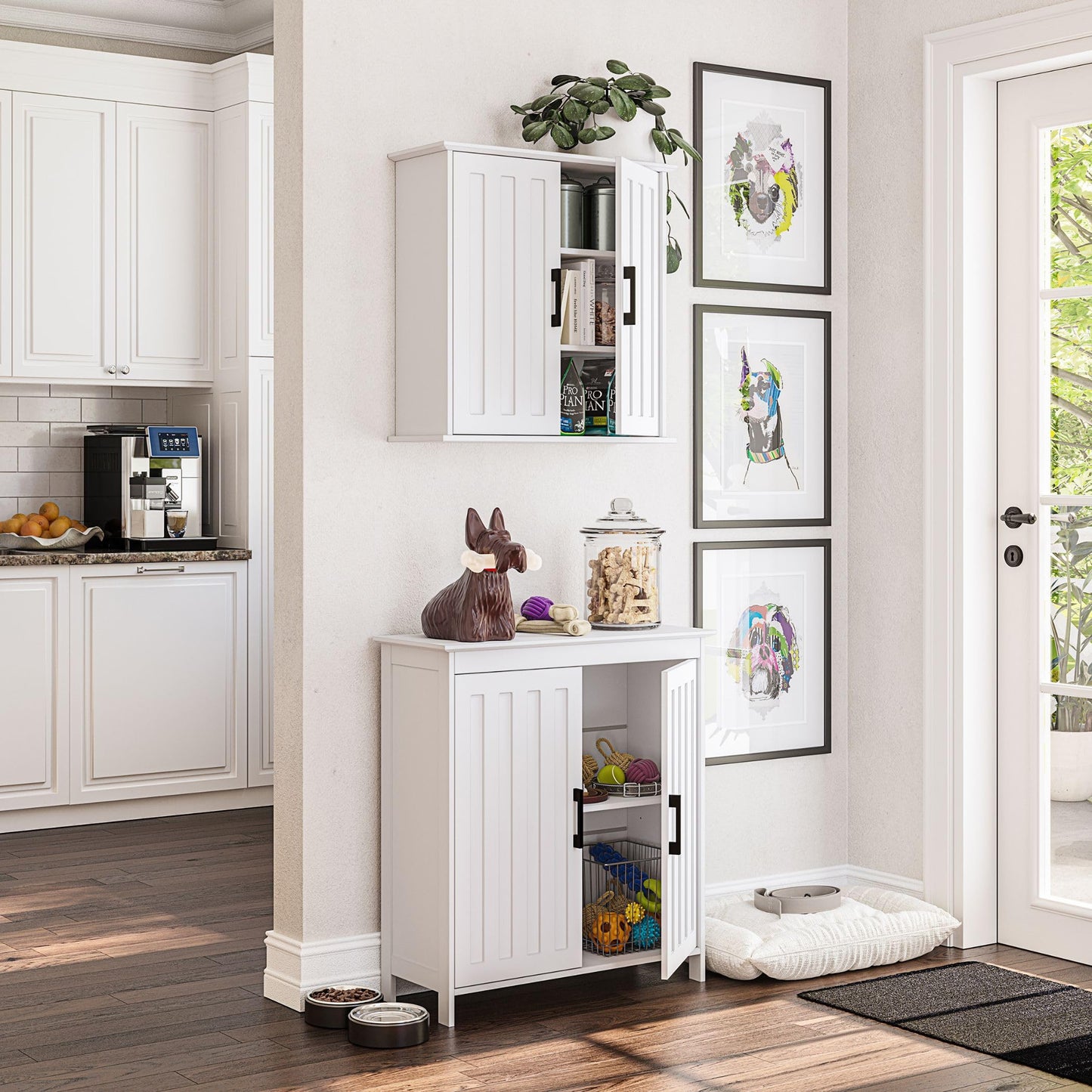 Two-Door Floor Storage Cabinet with Adjustable Shelves, Bathroom Storage with Soft-Close Doors, White Finish with Matte Black Handles