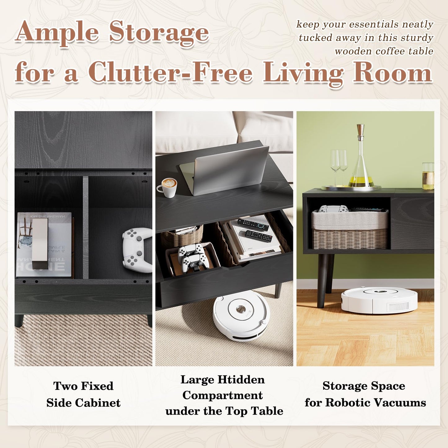 OLIXIS Wood Lift Top Coffee Table – Hidden Compartment & Large Storage Shelf, Convertible Dining Center Table for Living Room or Office, Black