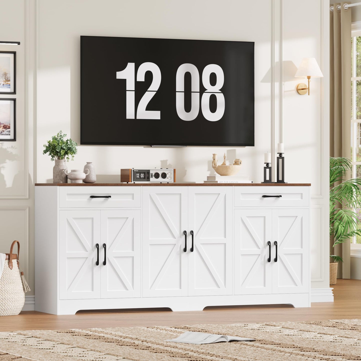 **YGEOMER Farmhouse Buffet Cabinet Sideboard with 3 Drawers and 2 Doors, Wood Coffee Bar Storage Cabinet for Kitchen or Dining Room**