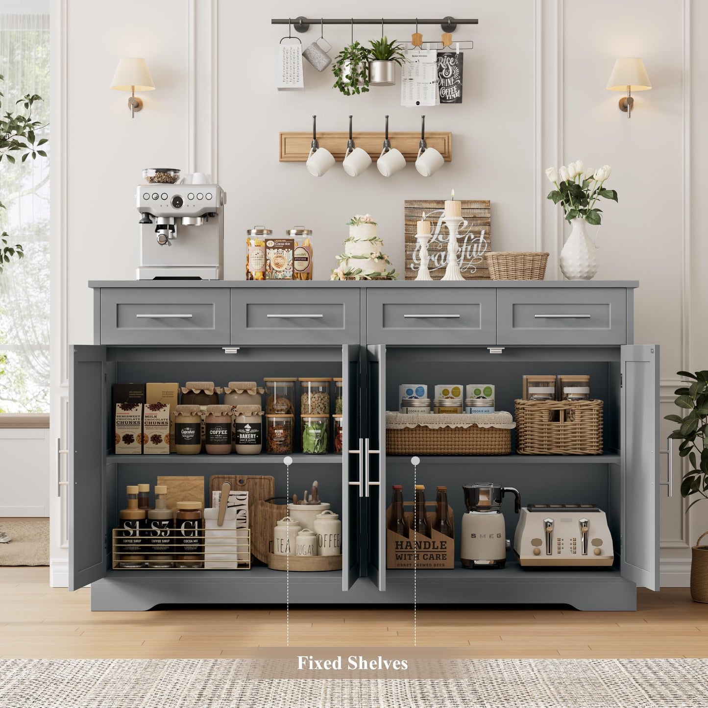 60" Large Buffet Sideboard with 4 Drawers and Storage, 36" Tall Modern Kitchen Cabinet with Gold Handles, Grey