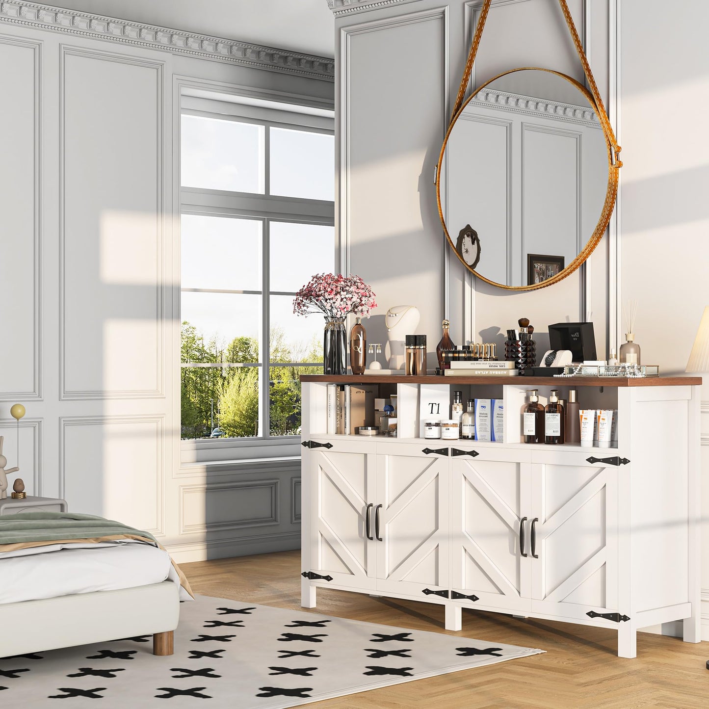 **YGEOMER Farmhouse Buffet Cabinet Sideboard with 3 Drawers and 2 Doors, Wood Coffee Bar Storage Cabinet for Kitchen or Dining Room**