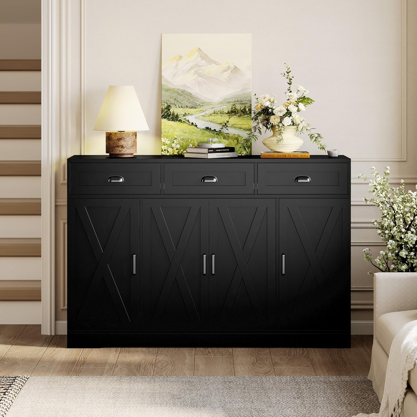 Buffet Cabinet with 4 Doors, 3 Drawers, and 6 Adjustable Shelves, Modern Sideboard Coffee Bar Storage for Kitchen or Dining Room, Black