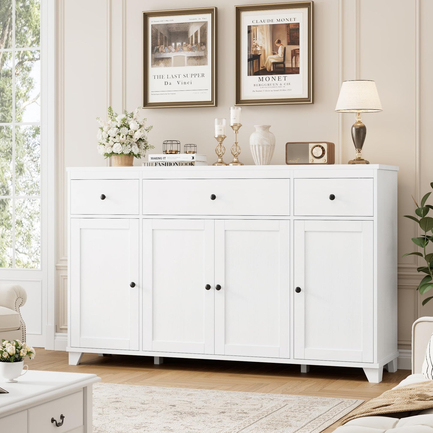 **HIFIT 55" Large Kitchen Buffet Cabinet with Storage, Modern Sideboard with Drawers, Doors, and Shelves, Wood Coffee Bar Cabinet for Kitchen, Dining, or Living Room, White**