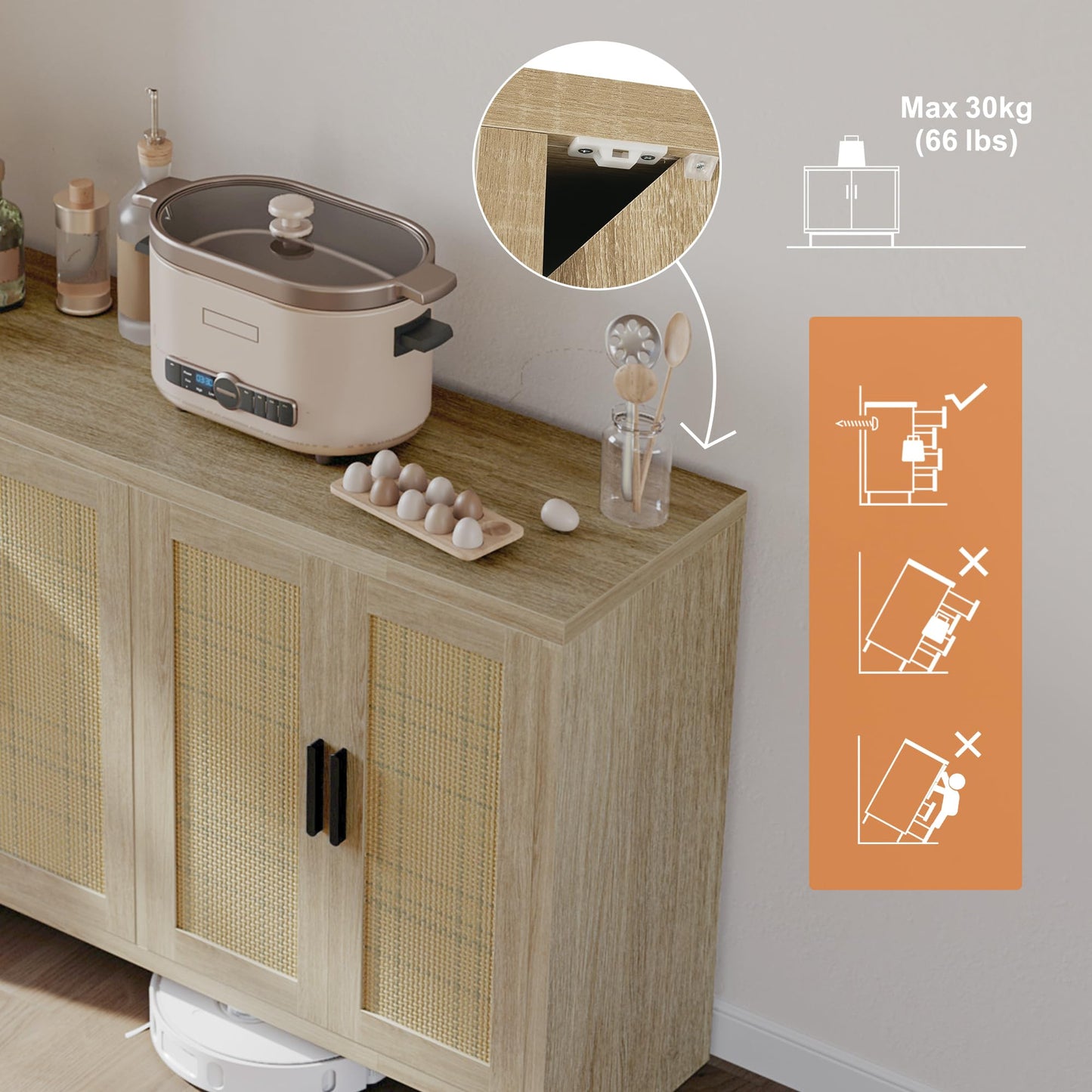 **Rattan Buffet Cabinet with Storage, Sideboard with Doors, TV Stand, Farmhouse Coffee Bar, Modern Wood Storage Cabinet for Living Room, Kitchen, or Dining Room, Oak**