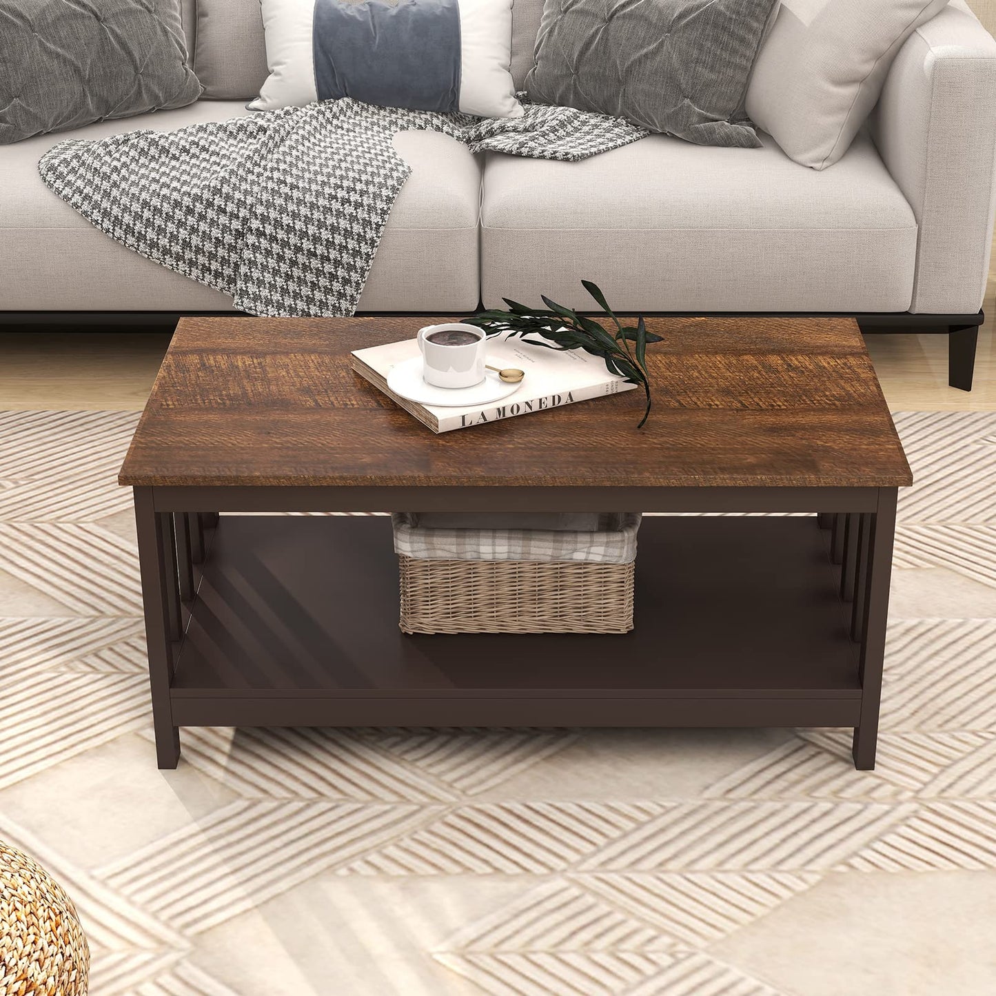 Espresso Farmhouse Coffee Table with Shelf, 40 Inch Living Room Table