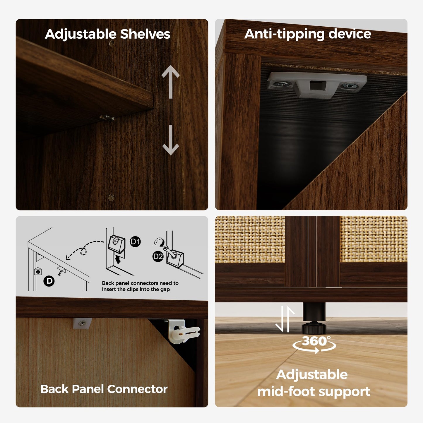 **Rattan Buffet Cabinet with Storage, Sideboard with Doors and Adjustable Shelves, Farmhouse Coffee Bar Station, Modern