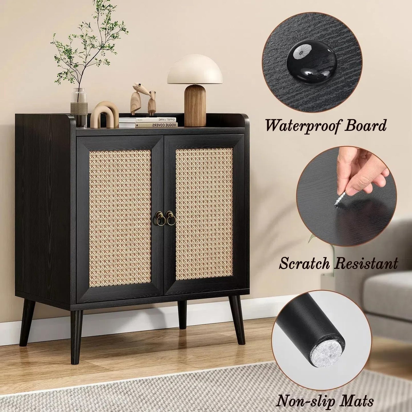 Rattan Buffet Cabinet with Round Pull Rings, Sideboard with 2 Doors and Ample Storage, Bar Liquor Shelf for Living Room or Hallway, Black