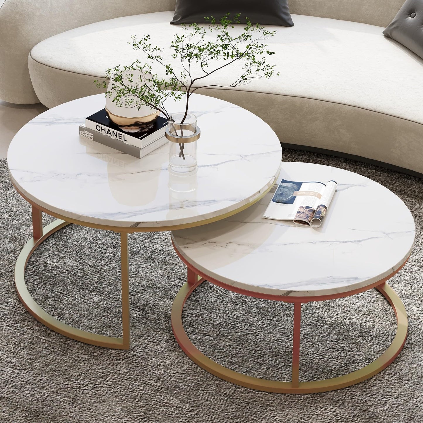 WiberWi Round Nesting Coffee Tables Set of 2 – Large Ø34", Small Ø26", Modern Gold Metal Frame Circle Tables with High Gloss Faux White Marble Top for Living Room