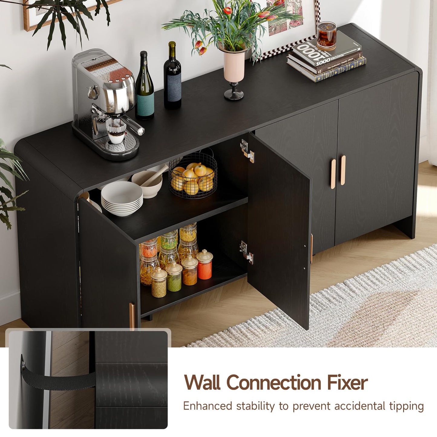 60" Curved Sideboard Buffet Cabinet with 4 Doors and Adjustable Shelves, Farmhouse Coffee Bar Storage for Living Room, Kitchen, or Hallway, Black