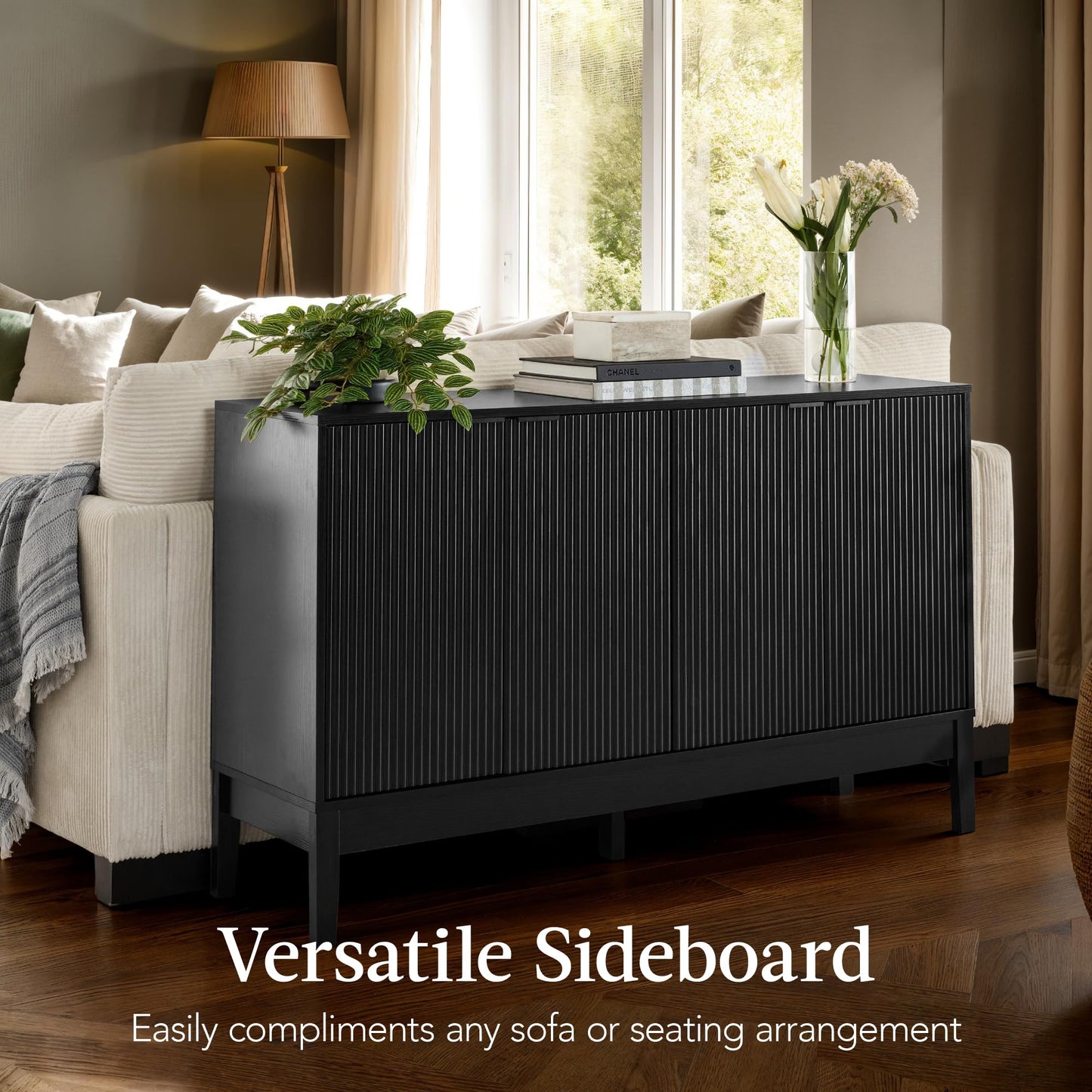 Modern 55" 4-Door Sideboard Storage Cabinet with Reed Panels and Adjustable Shelves, Buffet Media Cabinet for Entryway or Living Room, Black