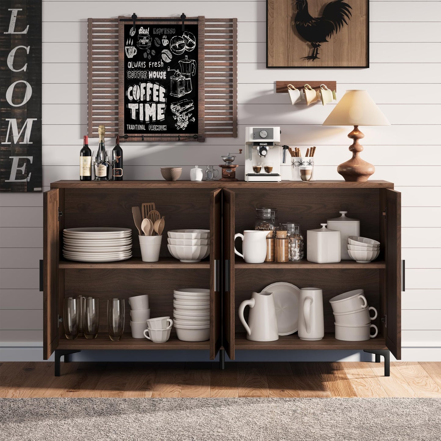 **JASIWAY Modern Rattan Sideboard Buffet Cabinet, 42"W x 34.66"H x 15"D, Brown, 4-Door Kitchen Buffet Cabinet with 3 Adjustable Shelves, Accent Storage for Dining Room and Living Room**