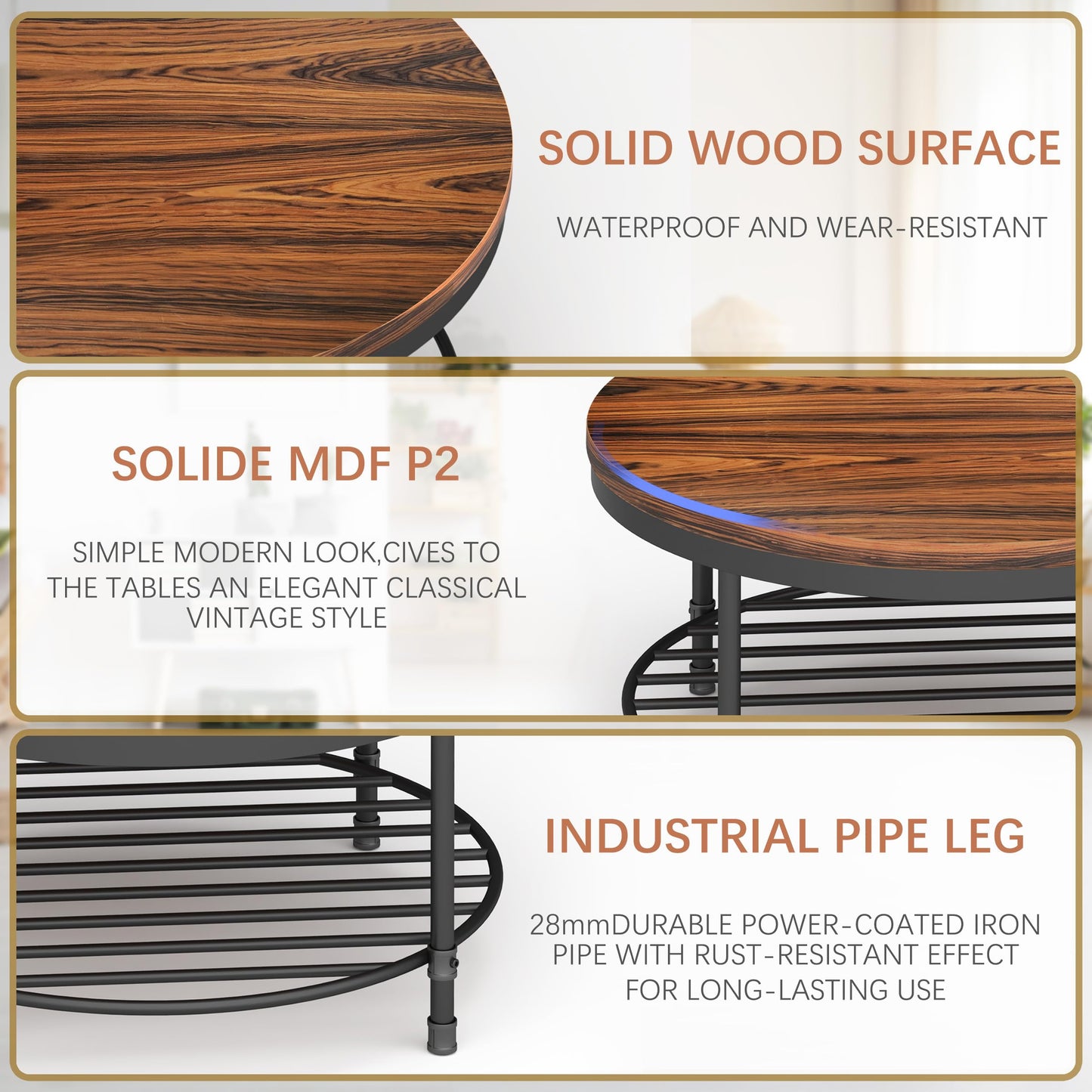 NSdirect 36" Round Coffee Table with Storage Shelf – Dark Red Brown Vintage Wood Top & Sturdy Metal Legs, 18.5" Height Modern Center Table for Living Room or Small Spaces