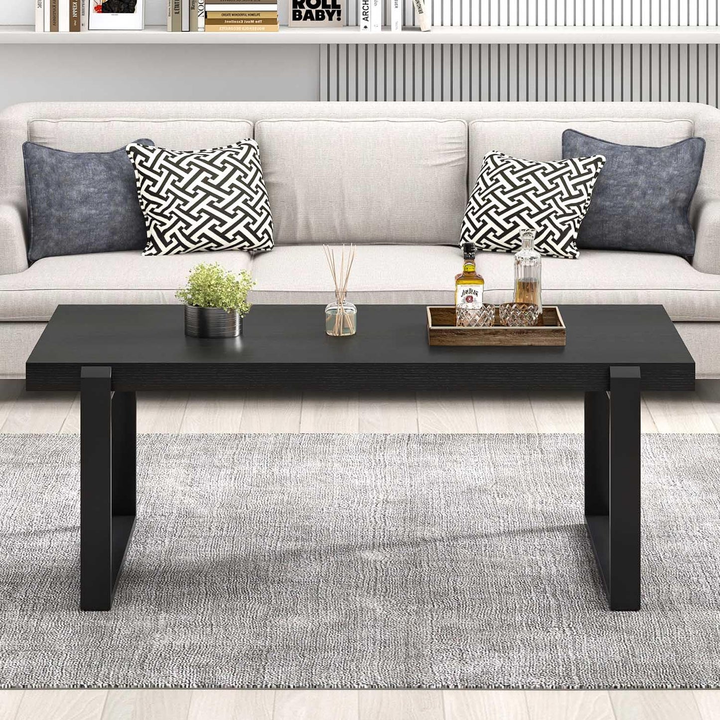 FOLUBAN 47" Black Coffee Table – Modern Industrial Wood and Metal Rectangle Center Table for Living Room