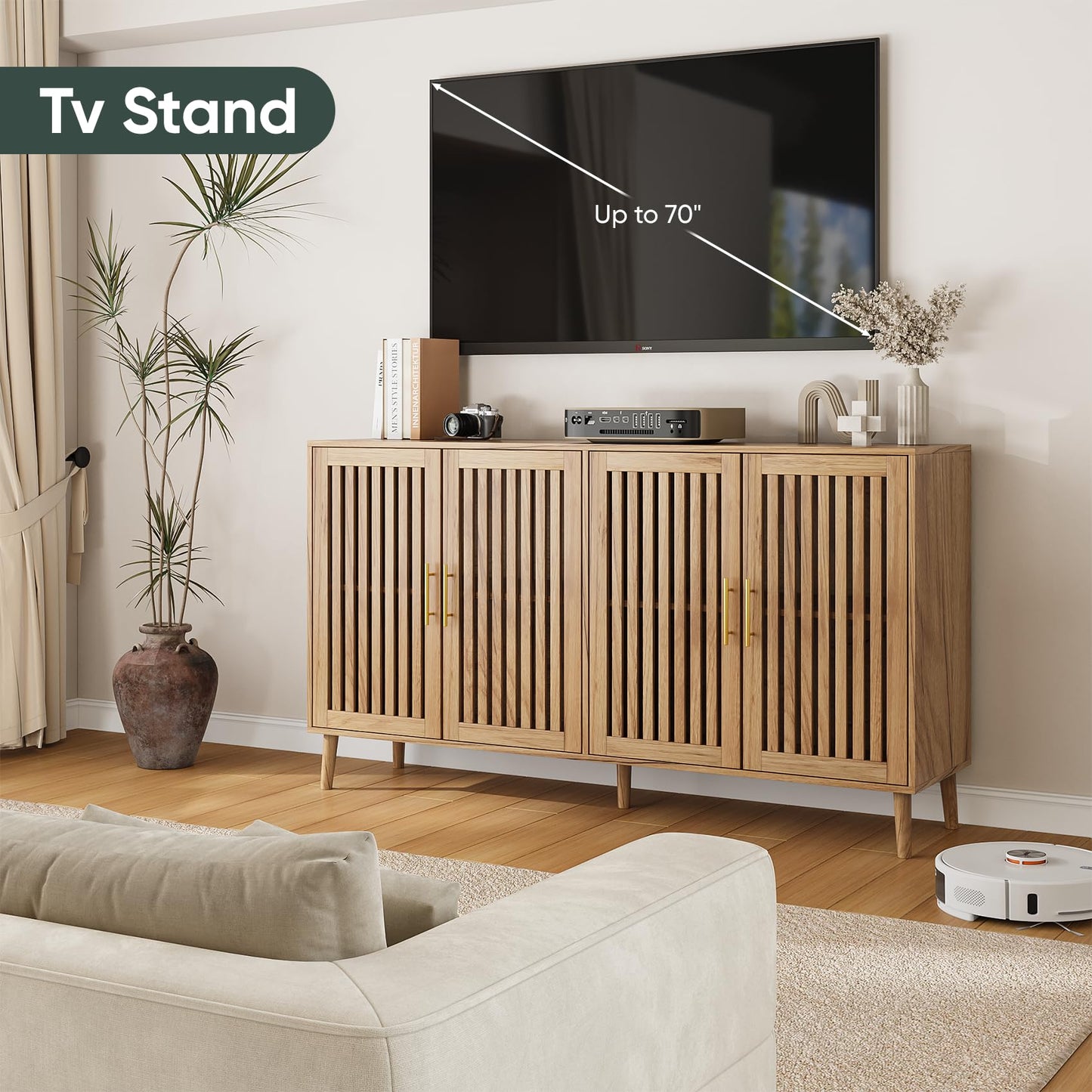 63" Sideboard Buffet with 4 Louvered Doors and Gold Handles, Farmhouse Coffee Bar Storage Cabinet for Entryway, Kitchen, Dining, or Living Room, Walnut