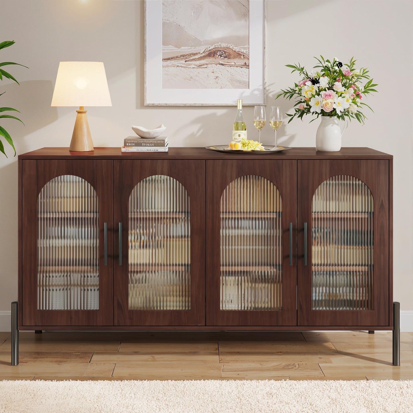 55" Modern Sideboard Buffet Cabinet with 4 Fluted Acrylic Doors and Adjustable Shelves, Wood Console Table for Living Room or Kitchen, Dark Walnut