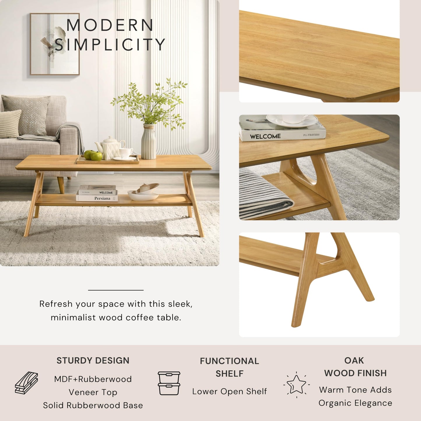 Roundhill Furniture Arona Mid-Century Modern Wood Coffee Table with Shelf – Natural Oak Finish