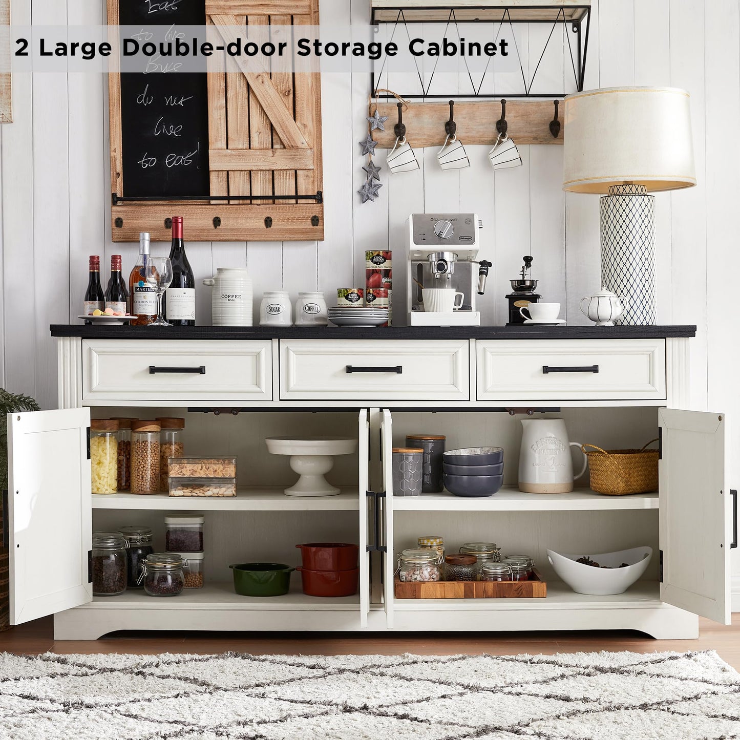 66" Large Buffet Sideboard Cabinet with 4 Doors and 3 Drawers, Storage Buffet Table for Dining or Living Room, Off White