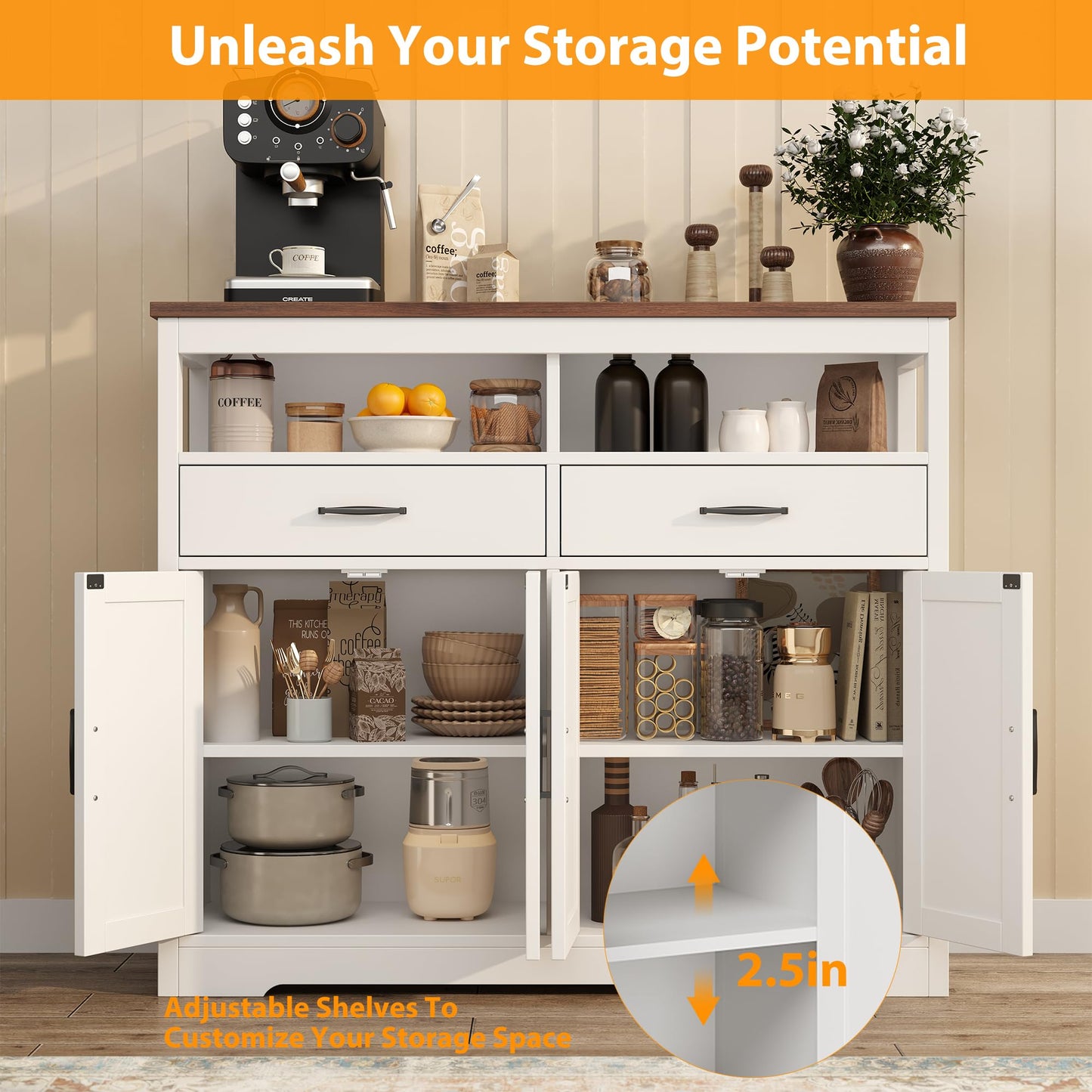 **47" Farmhouse Buffet Sideboard with Storage, 4-Door Kitchen Cabinet with Shelves, Wood Coffee Bar Cabinet for Kitchen, Dining Room, or Entryway**