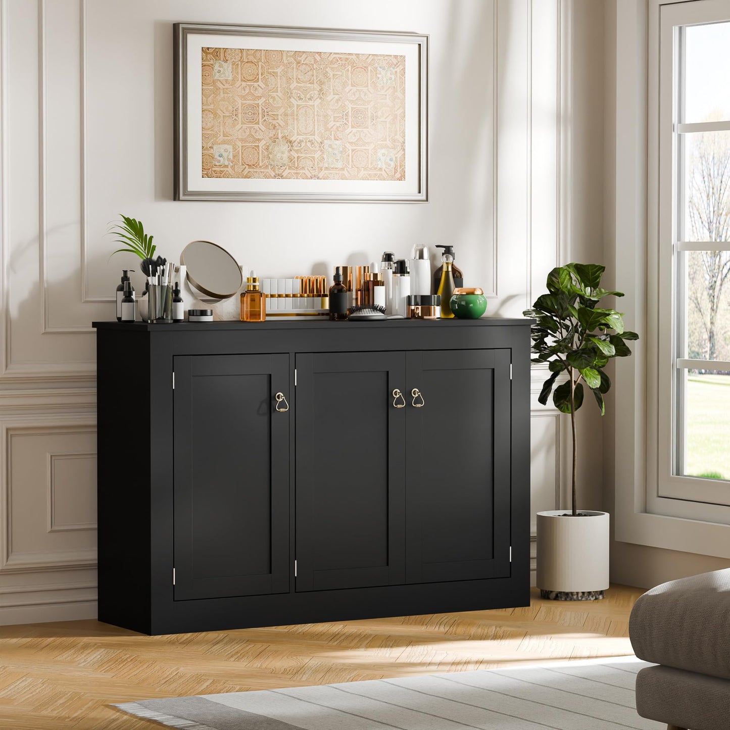 44.5" Black Buffet Cabinet with Storage, Wood Console Table Coffee Bar Sideboard for Kitchen, Dining, Living Room, or Entryway
