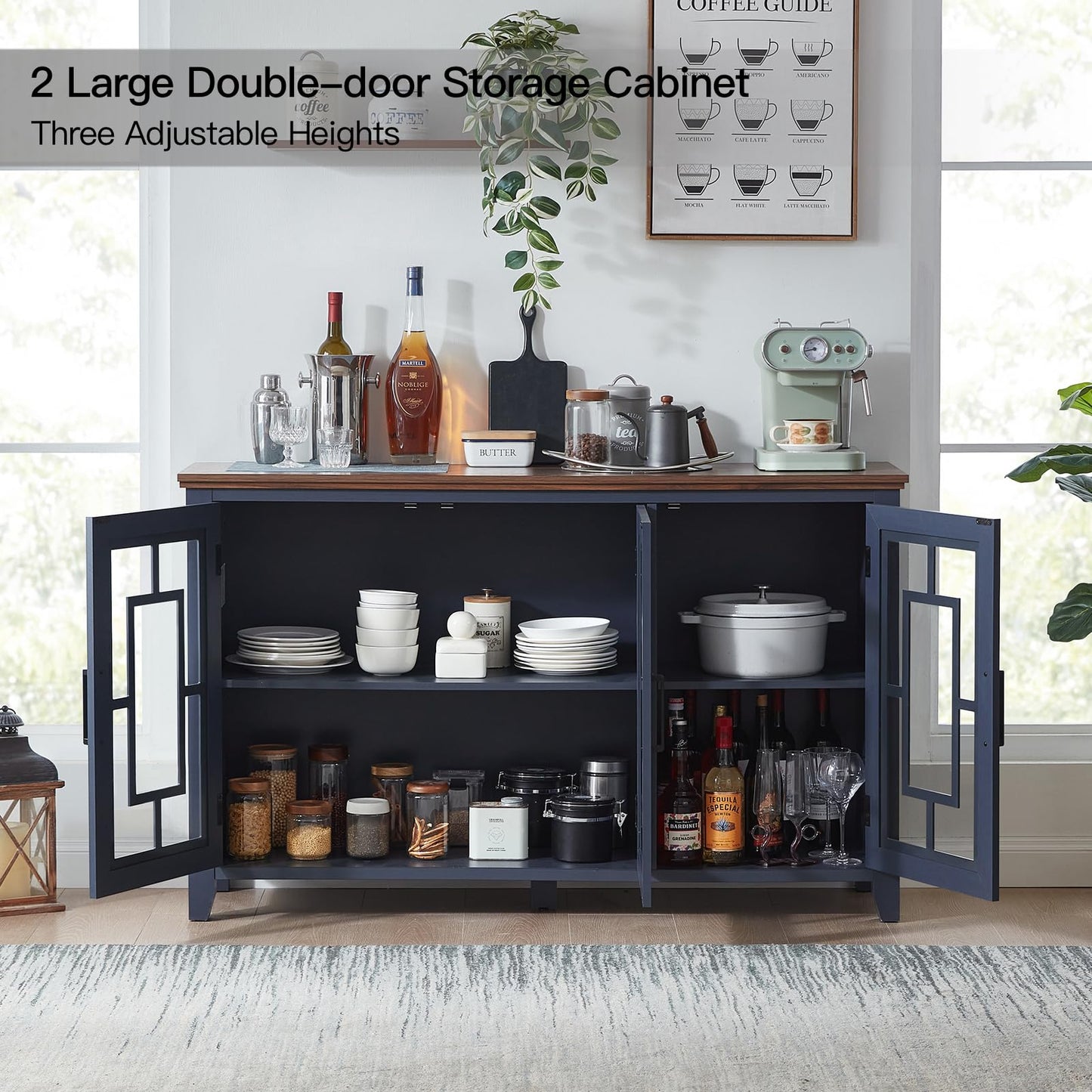 **55" Large Farmhouse Sideboard Buffet Cabinet with Storage, Wood Coffee & Wine Bar Cabinet with 3 Glass Doors, Mid-Century Modern Sideboard for Dining Room or Living Room, Navy Blue**