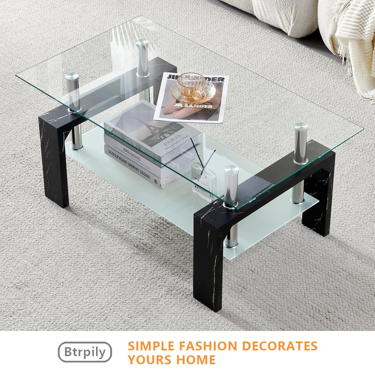 Modern Rectangle Coffee Table for Living Room, Black Marble Glass Tea Table with Wooden Legs & Lower Storage Shelf, Stylish Center Table for Home, Office, or Waiting Room