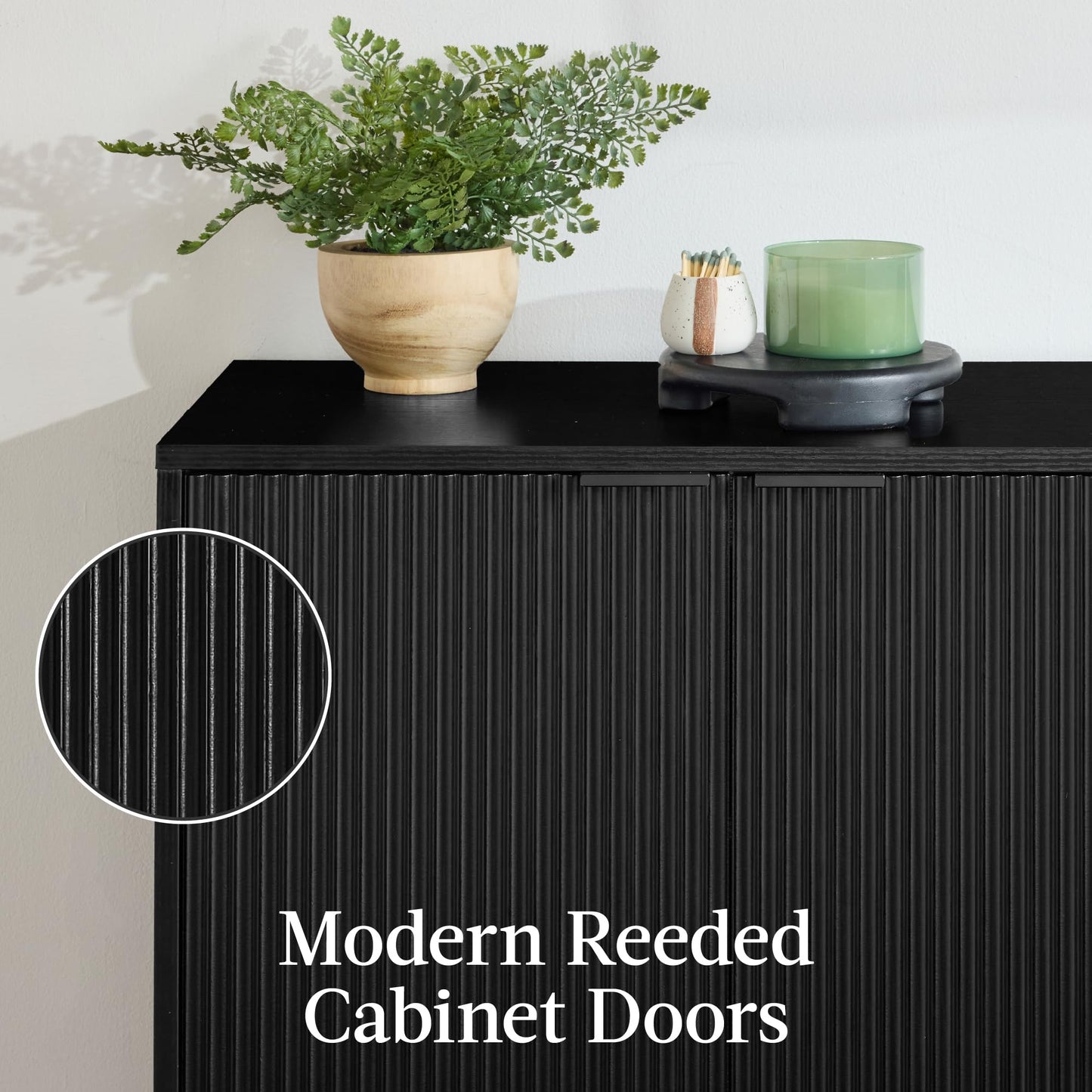 Modern 55" 4-Door Sideboard Storage Cabinet with Reed Panels and Adjustable Shelves, Buffet Media Cabinet for Entryway or Living Room, Black