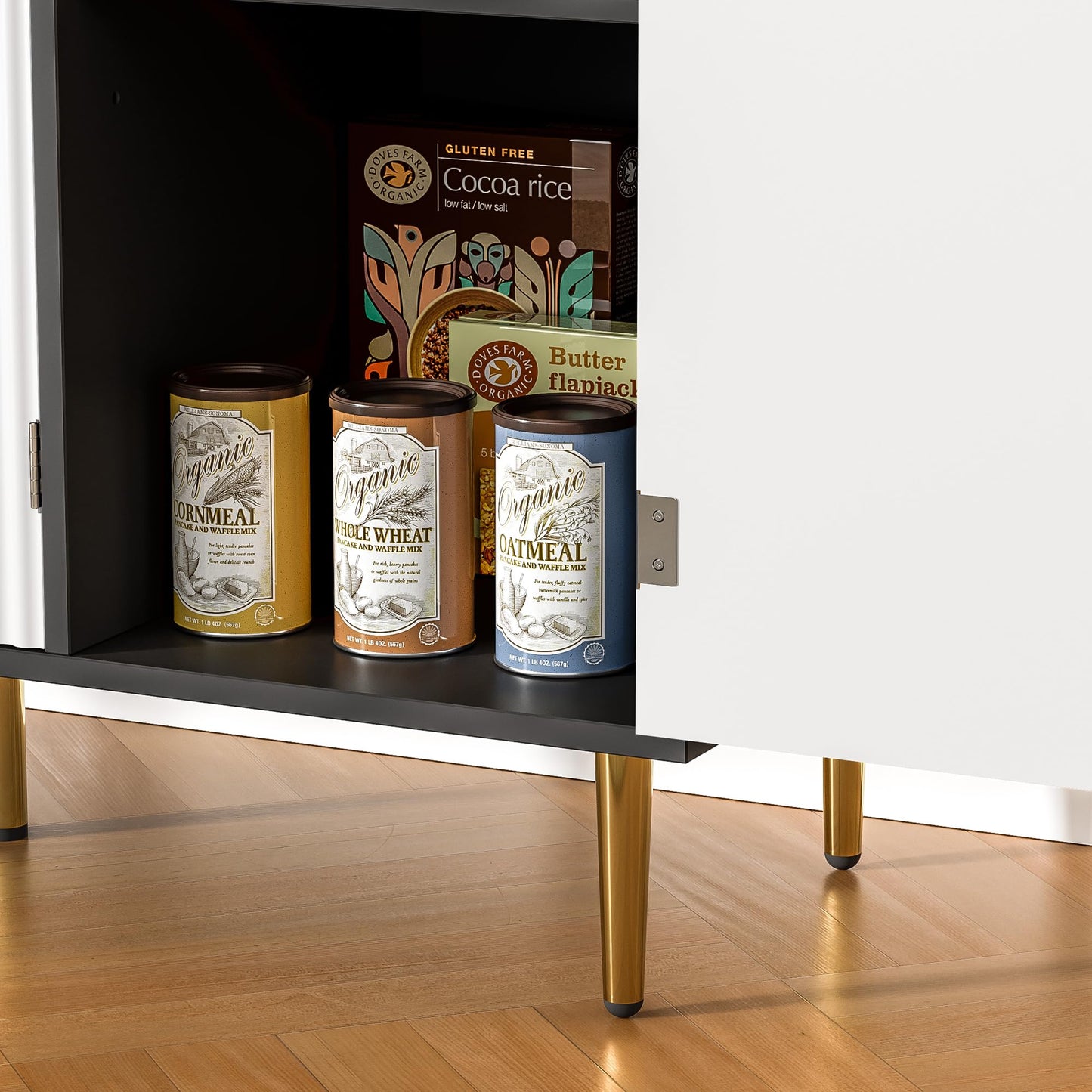 Fluted Sideboard Buffet with 3 Doors and Adjustable Shelves, Modern Kitchen Storage Cabinet with Gold Handles, Coffee Bar for Living Room or Kitchen, Black and White