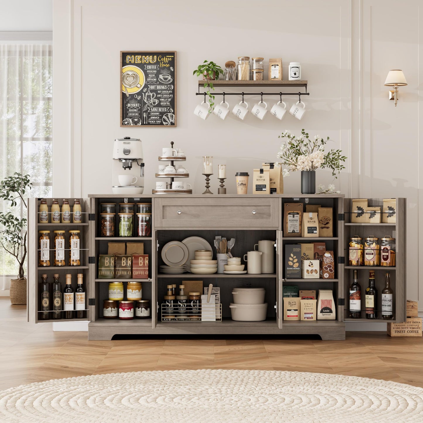 **HITHOS 54" Modern Buffet Cabinet with Storage, Ash Grey Kitchen Sideboard with Drawer, Wood Coffee Bar Station with Adjustable Shelves for Living Room**