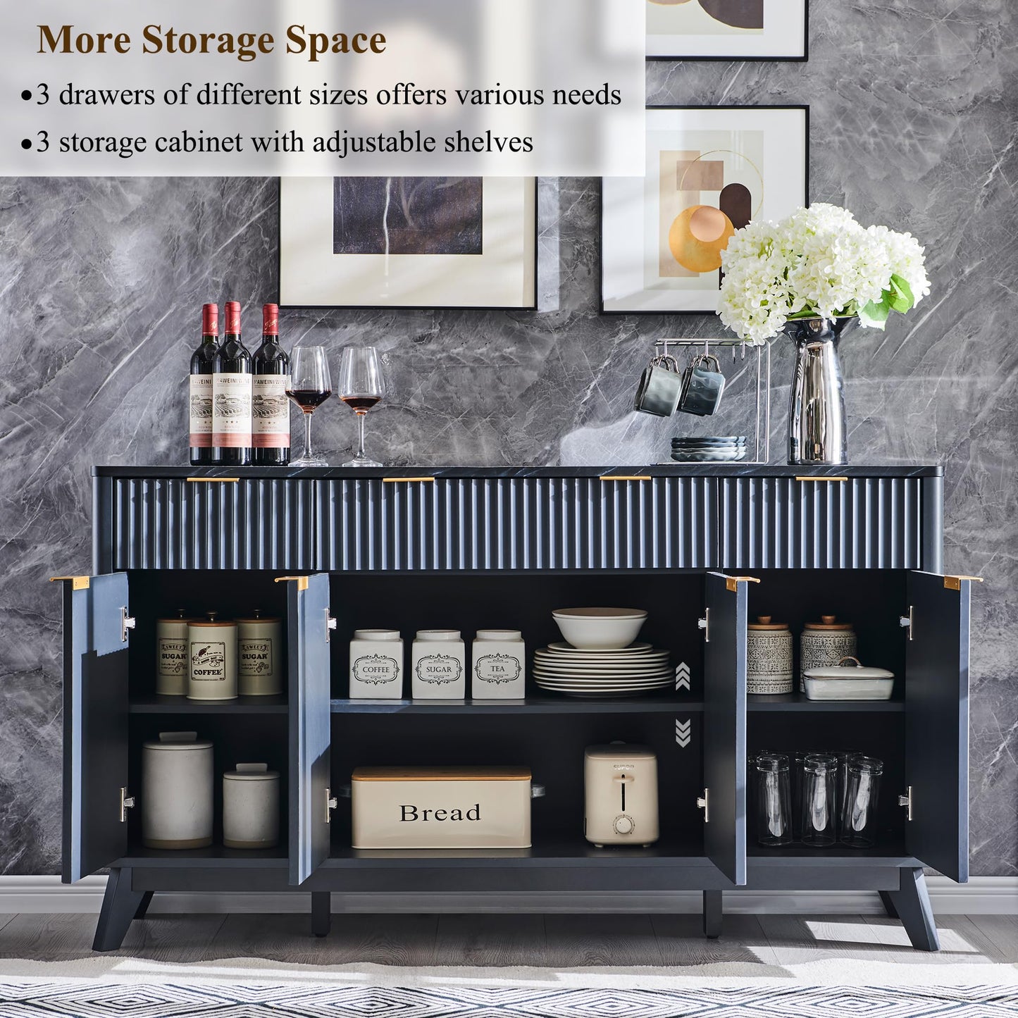 **T4TREAM 60" Fluted Modern Buffet Sideboard Cabinet with Storage, Large Buffet Table with 3 Drawers & 4 Doors for Dining Room, Living Room, or Hallway, Dark Grey**