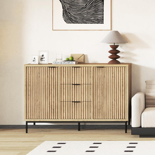 **Fluted Buffet Cabinet with Storage, Modern Sideboard with 2 Doors, 3 Drawers, and Adjustable Shelf, Coffee Bar Cabinet Credenza Buffet Table for Kitchen and Living Room, Oak**