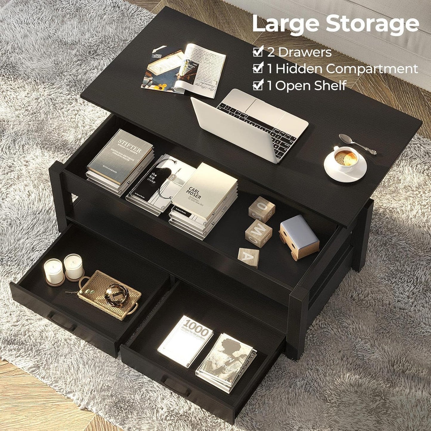 Rolanstar Lift Top Coffee Table with Drawers & Hidden Compartment – Retro Wooden Central Table with Adjustable Lift Tabletop for Living Room, Black