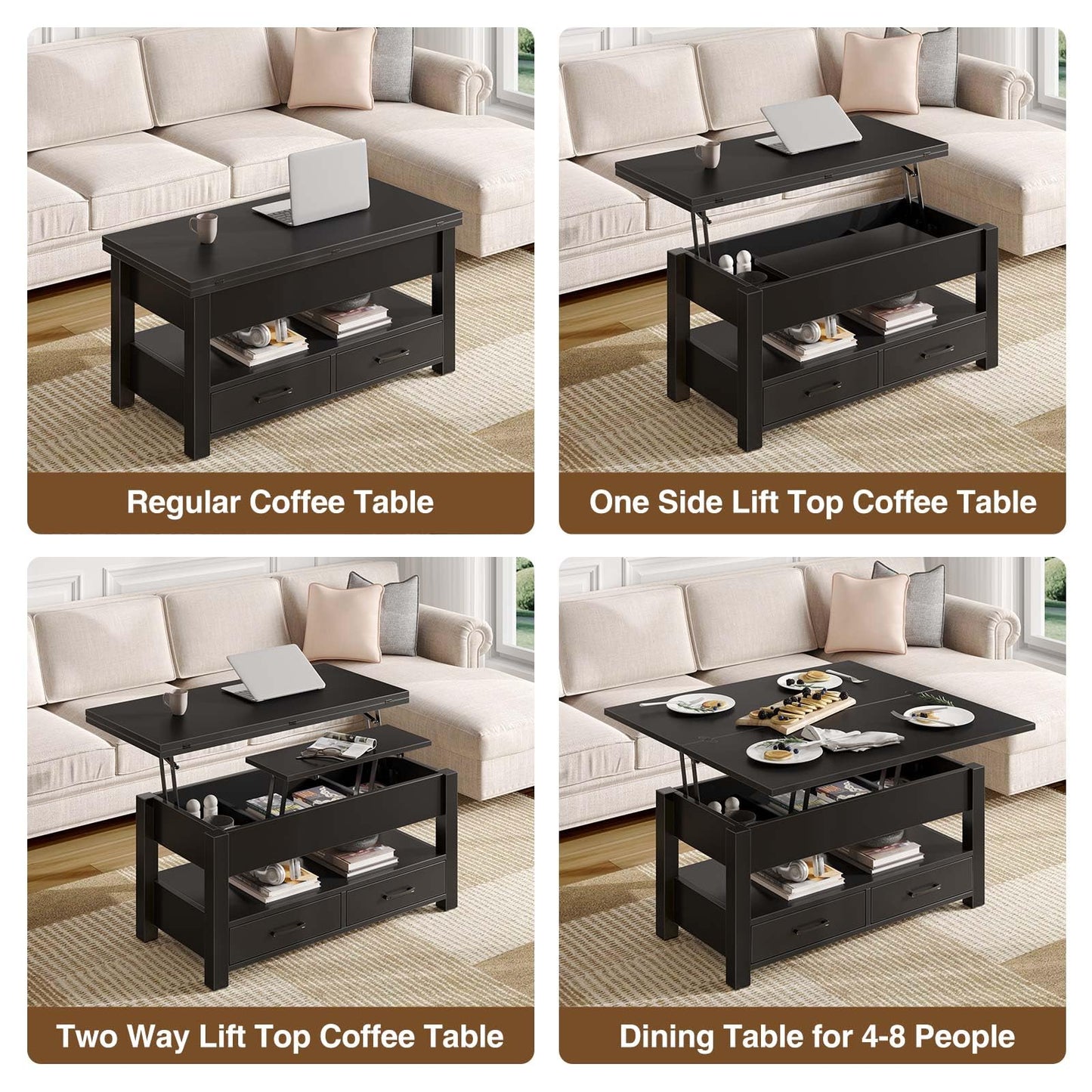 Rolanstar Lift Top Coffee Table – Multi-Function Convertible Table with Drawers & Hidden Compartment, Converts to Dining Table for Living Room or Home Office, Black