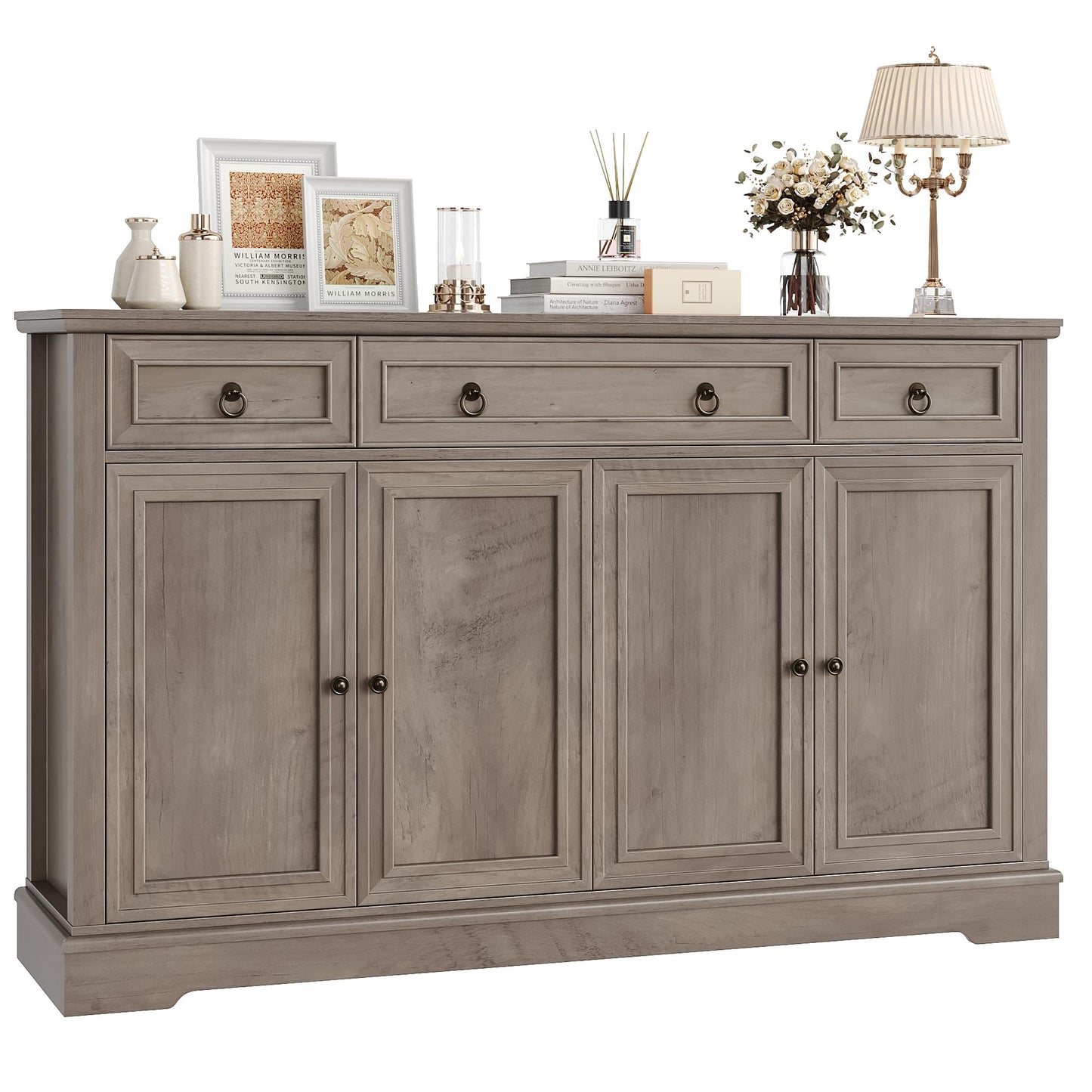 FINETONES 52.7" Large Buffet Cabinet with Storage, Modern Sideboard with 3 Drawers and 4 Doors, Wooden Coffee Bar Cabinet for Kitchen, Dining Room, Living Room, or Home Office, Ash Grey