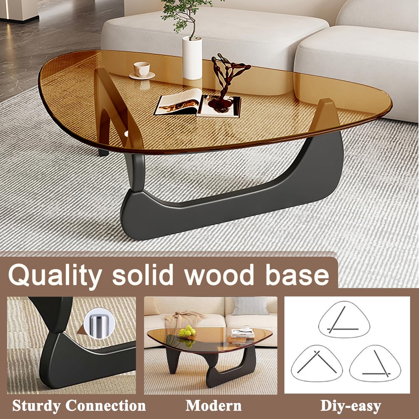 Mid Century Modern Glass Coffee Table, Small Elegant Coffee Table for Living Room Bedroom Office, Black/Brown Medium