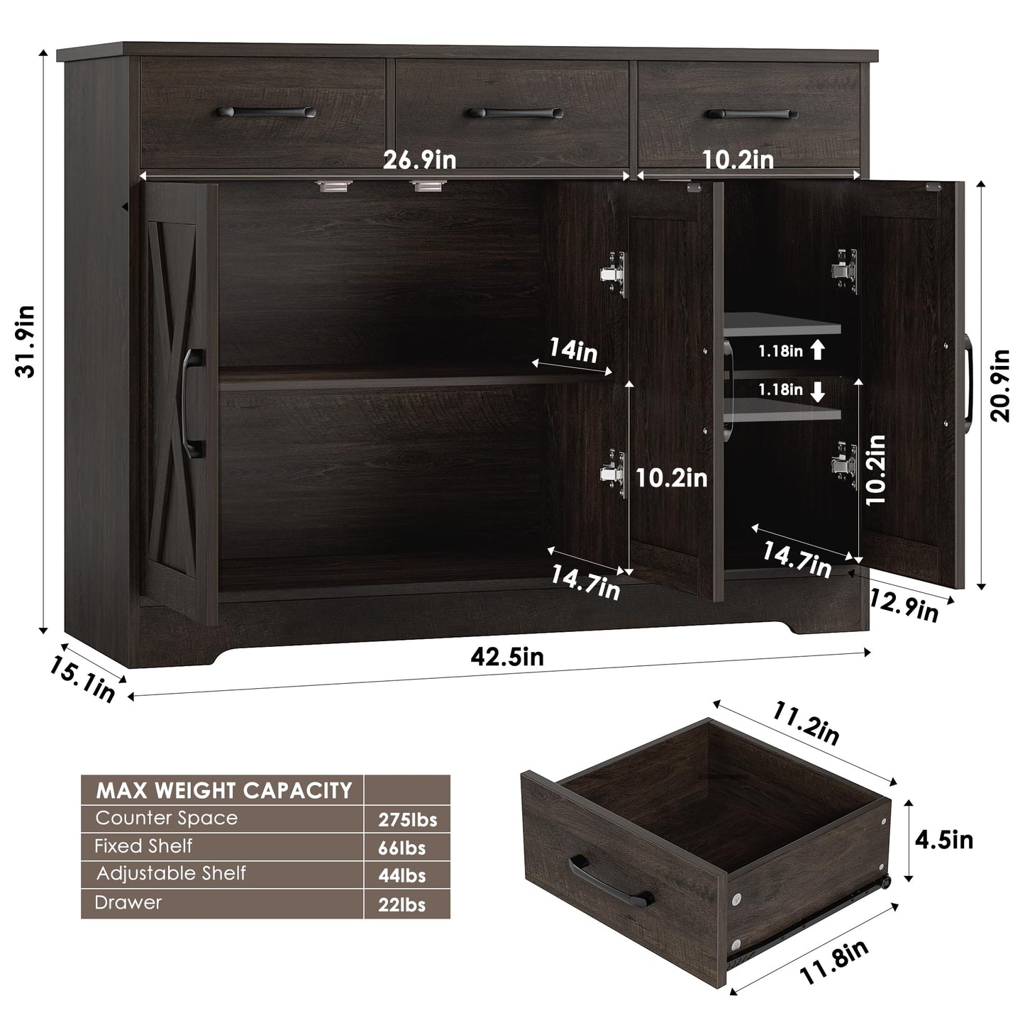 **HOSTACK Modern Farmhouse Buffet Sideboard Cabinet with Barn Doors, Drawers, and Shelves, Wood Coffee Bar Storage Cabinet for Dining Room, Kitchen, or Living Room, Dark Brown**