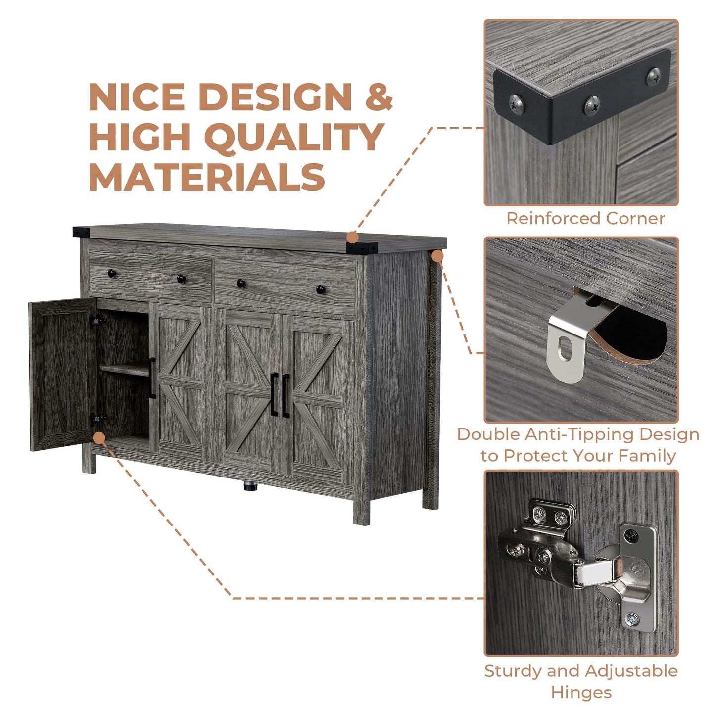 55" Modern Farmhouse Sideboard Buffet Cabinet with Storage, Grey Wood Coffee Bar Cabinet with 2 Drawers & 4 Barn Doors, Long Storage Cabinet for Kitchen, Dining Room & Living Room