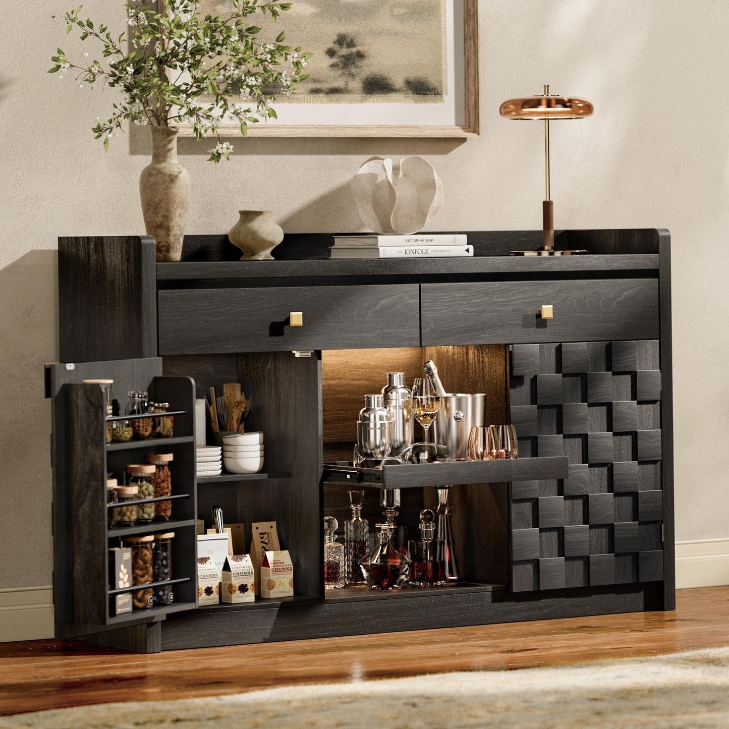 55" Fluted Sideboard Buffet Cabinet with Charging Station and LED Light, 2 Drawers, Pull-Out Shelf, and Spice Rack, Modern Kitchen Storage, Black Oak